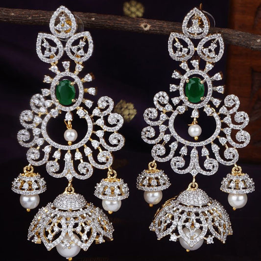Diamond Replica Green Stone & Pearl Drop Earrings – Ruby Finish Designer Jhumka