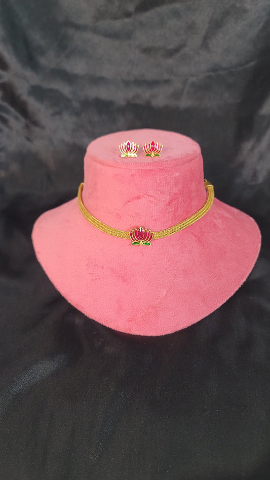 Pink Lotus Enamel 1 Gram Gold Choker Set