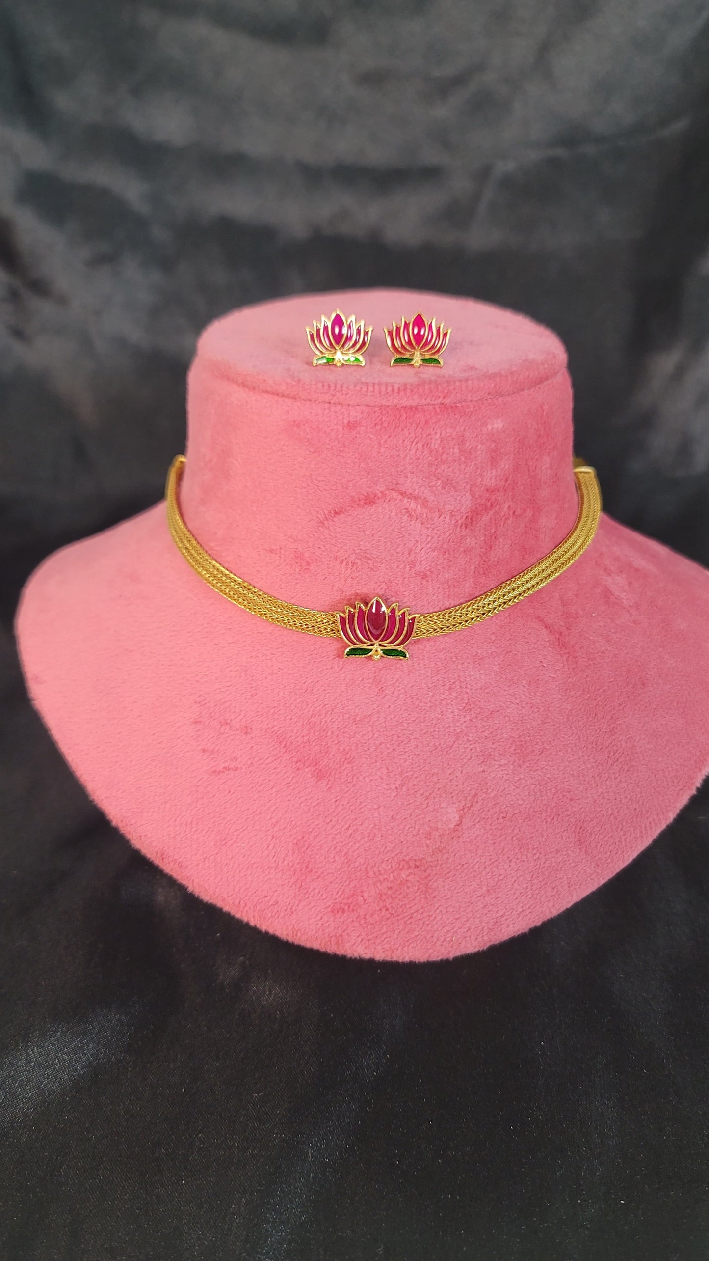 Pink Lotus Enamel 1 Gram Gold Choker Set