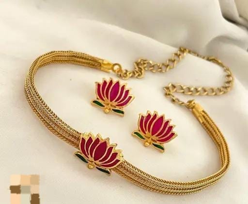 Pink Lotus Enamel 1 Gram Gold Choker Set