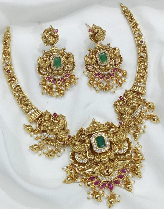 Traditional Temple Design 1 Gram Gold Necklace Set with Emerald & Ruby Stones