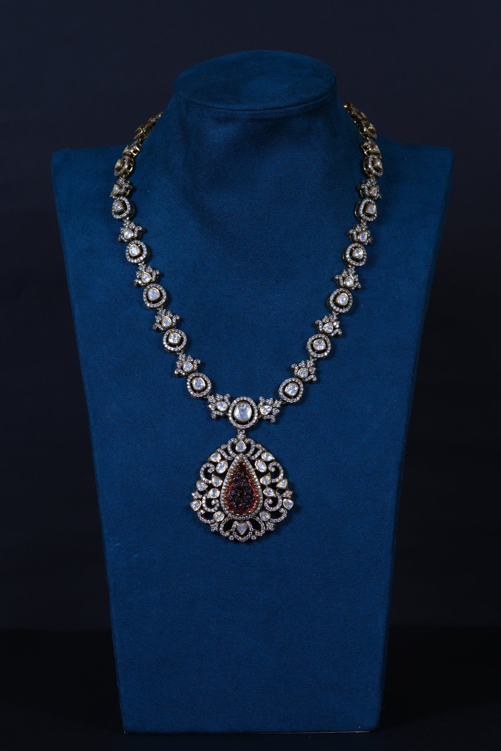 Real Polki & Carved Ruby Necklace & earrings in 92.5 Silver