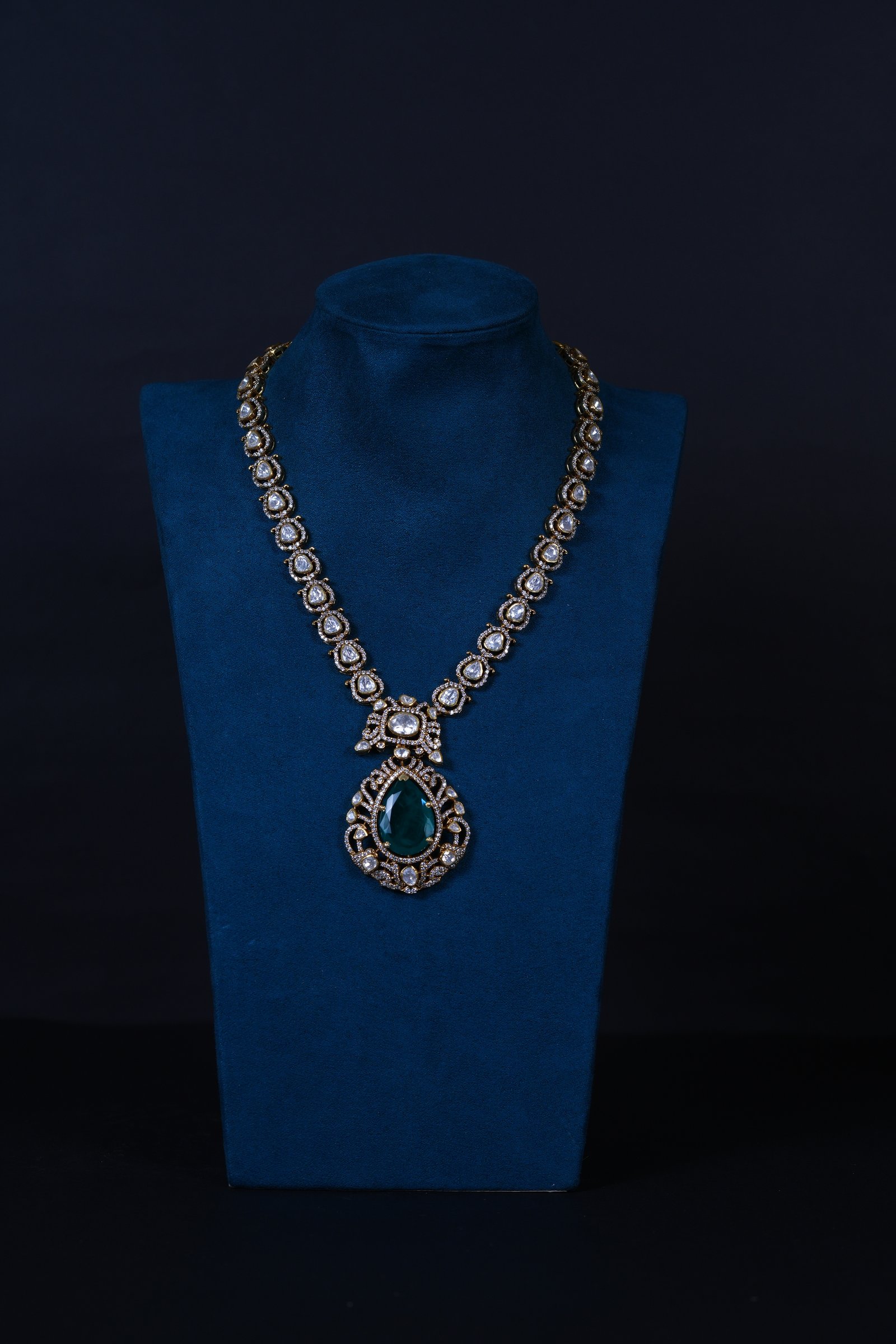 Emerald Polki Necklace with Earrings in 92.5 Silver