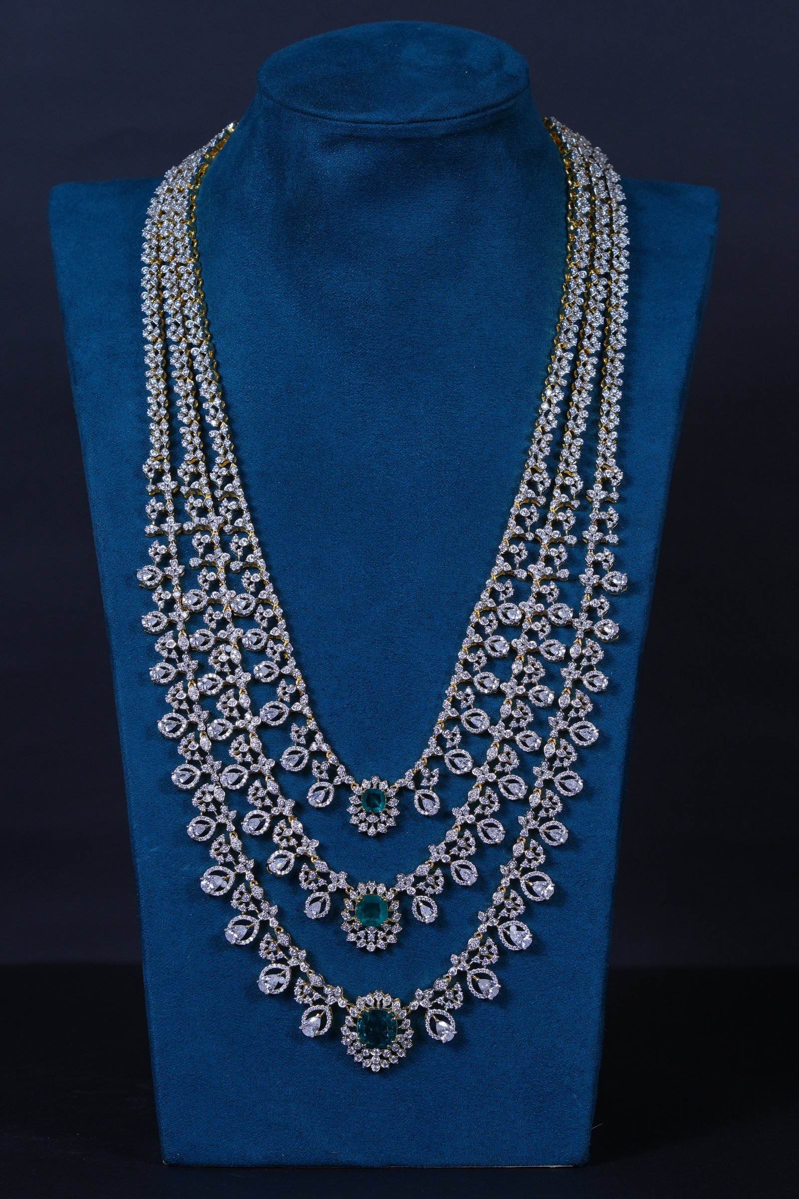 Royal 3-Layer American Diamond Haramwith Earrings in 92.5 Sterling Silver