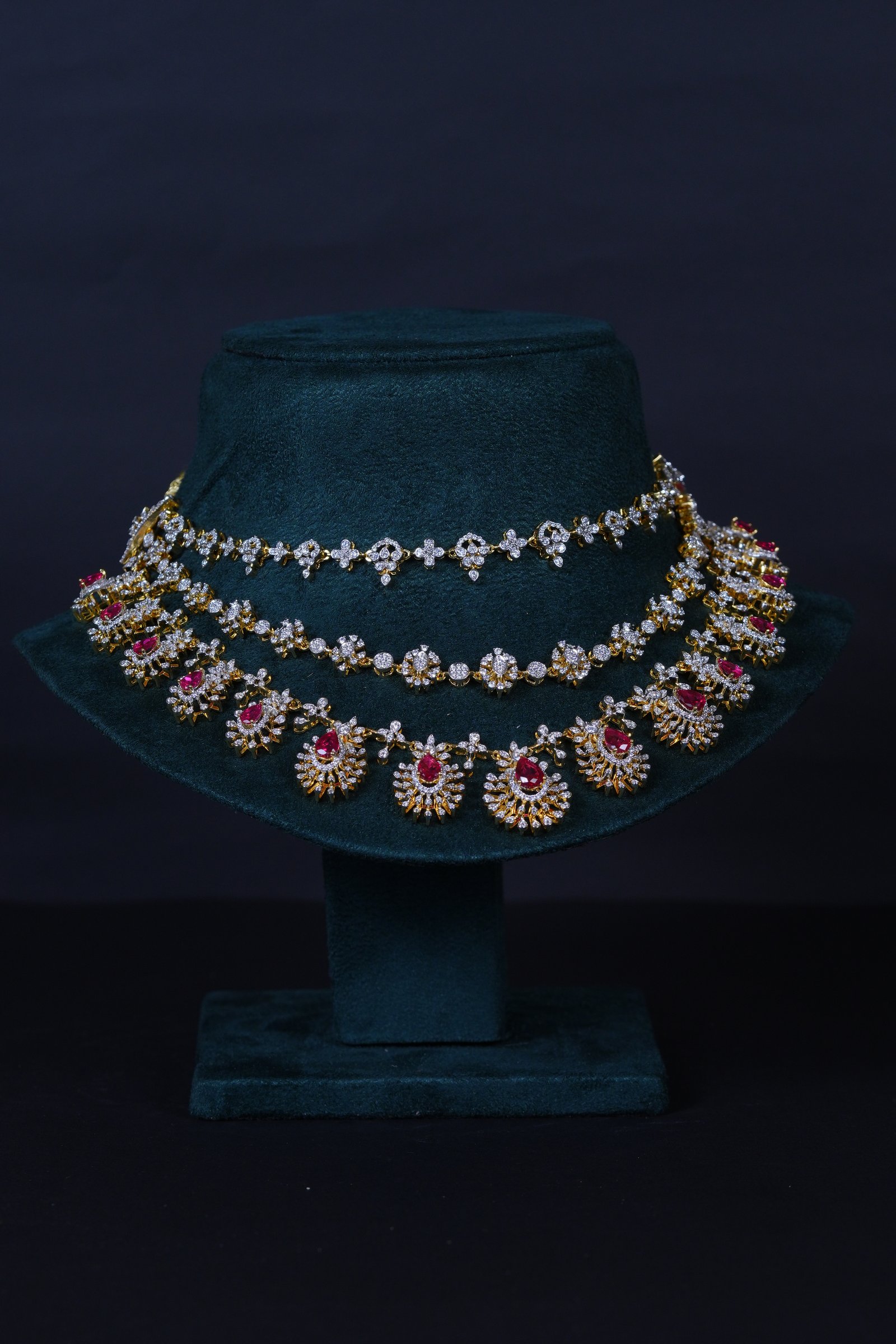 Royal 3-Layer Ruby Diamond-Replica Necklace with Beautiful Jhumkas in 92.5 Sterling Silver