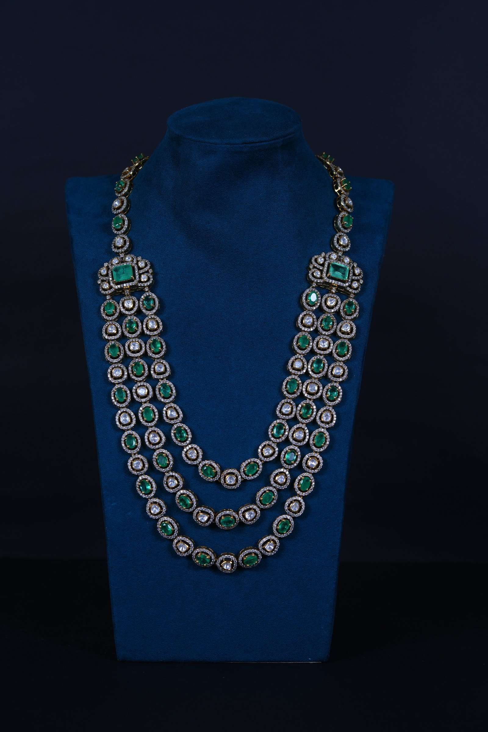 Victorian 3-Layered Emerald Polki Haram Set in 92.5 Sterling Silver