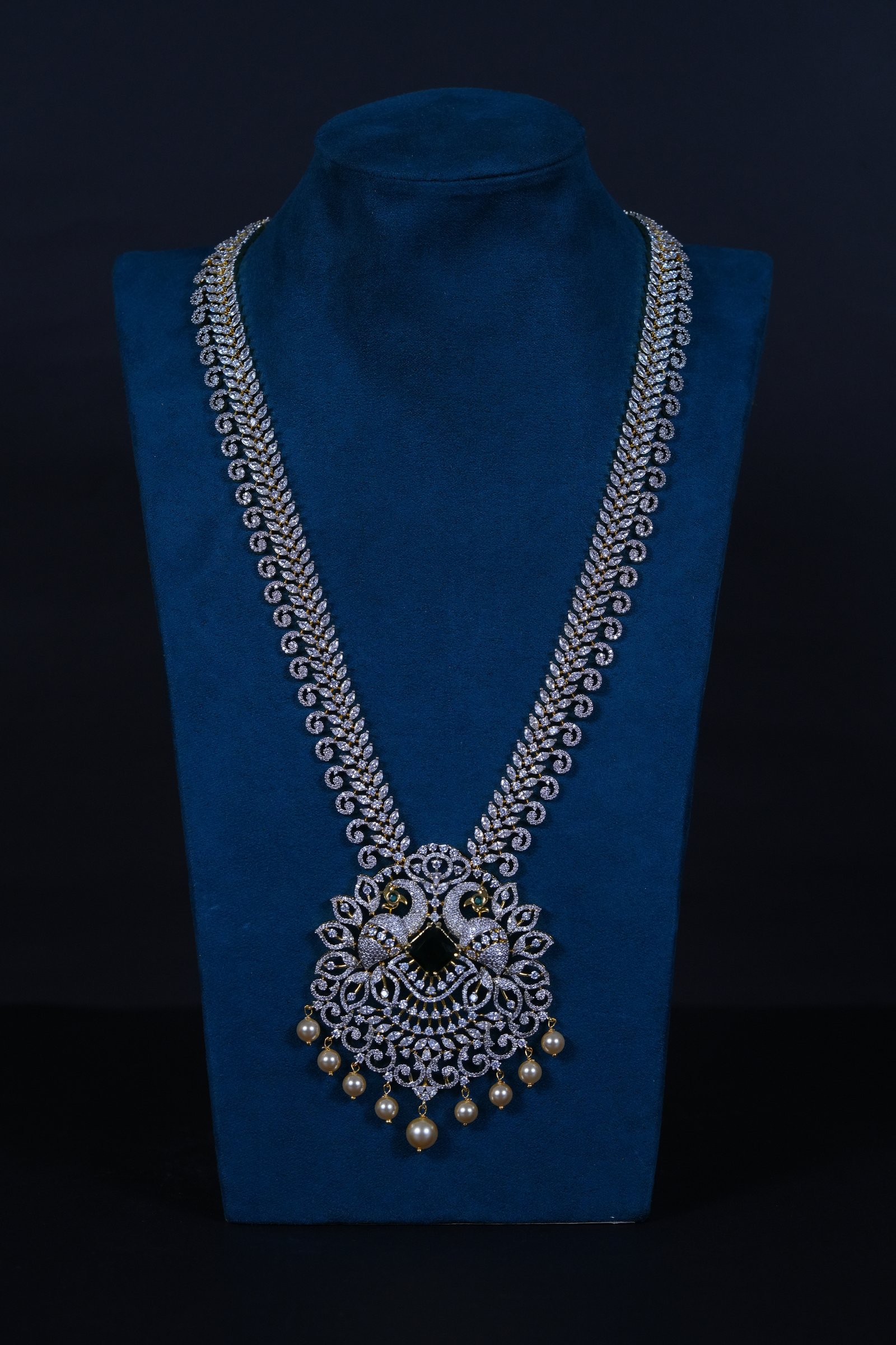 Royal Peacock American Diamond Long Haram in 92.5 Sterling Silver