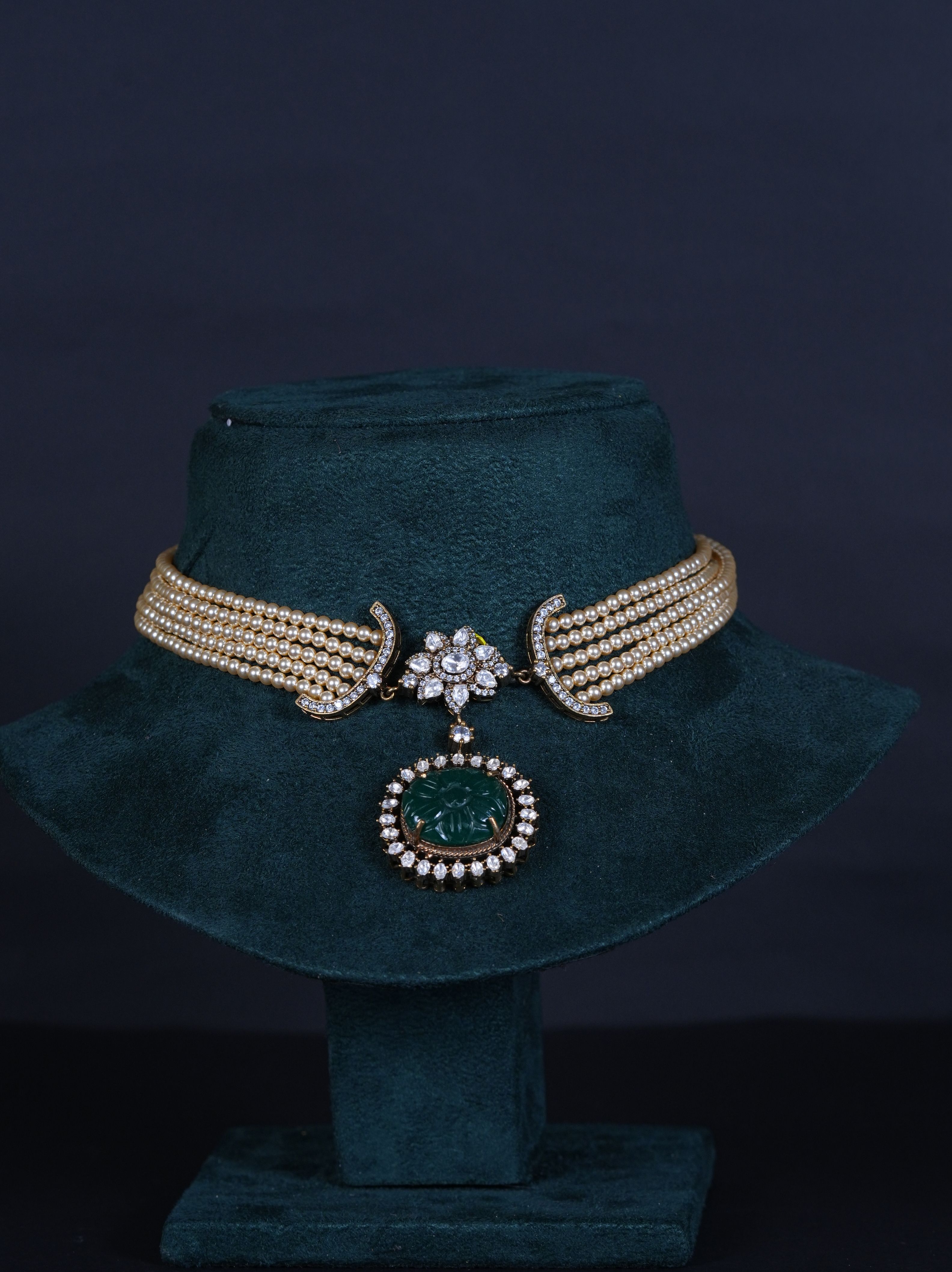 Pearl Choker with Carved Emerald Pendant and Earrings
