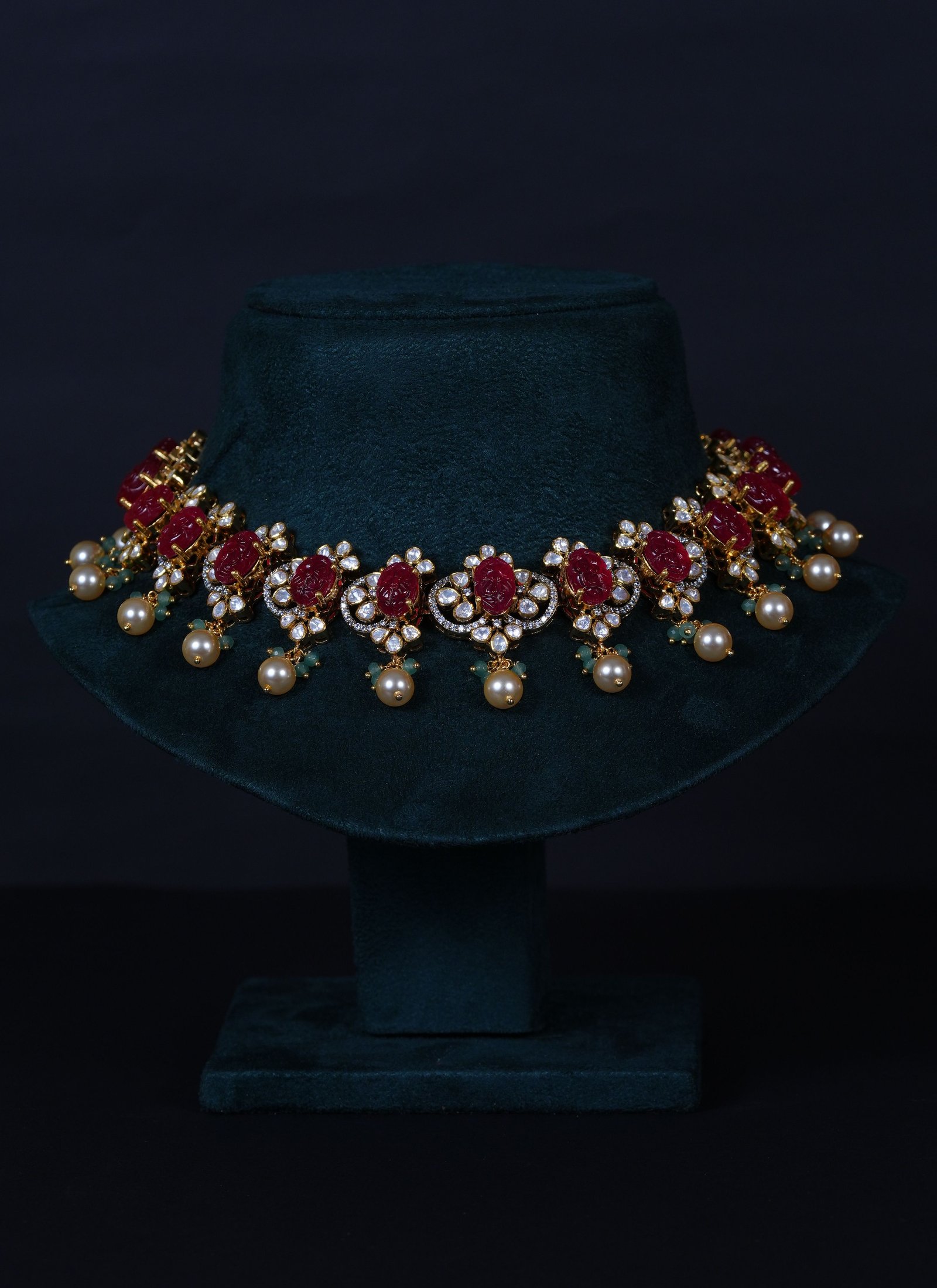 Royal Carved Ruby Necklace & earrings with Moissanite in 92.5 Sterling Silver