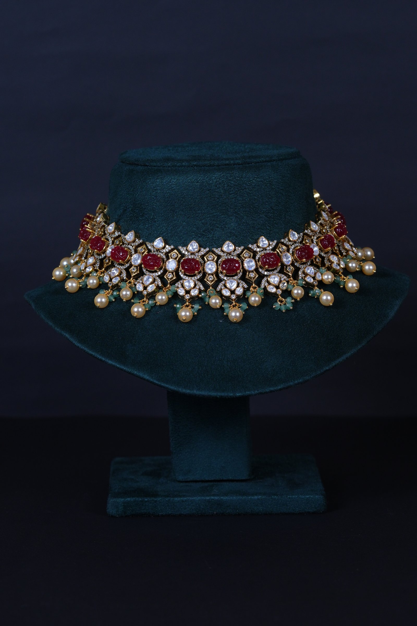 92.5 Sterling Silver Ruby Carved Polki Necklace Set with Real Beads & Pearls