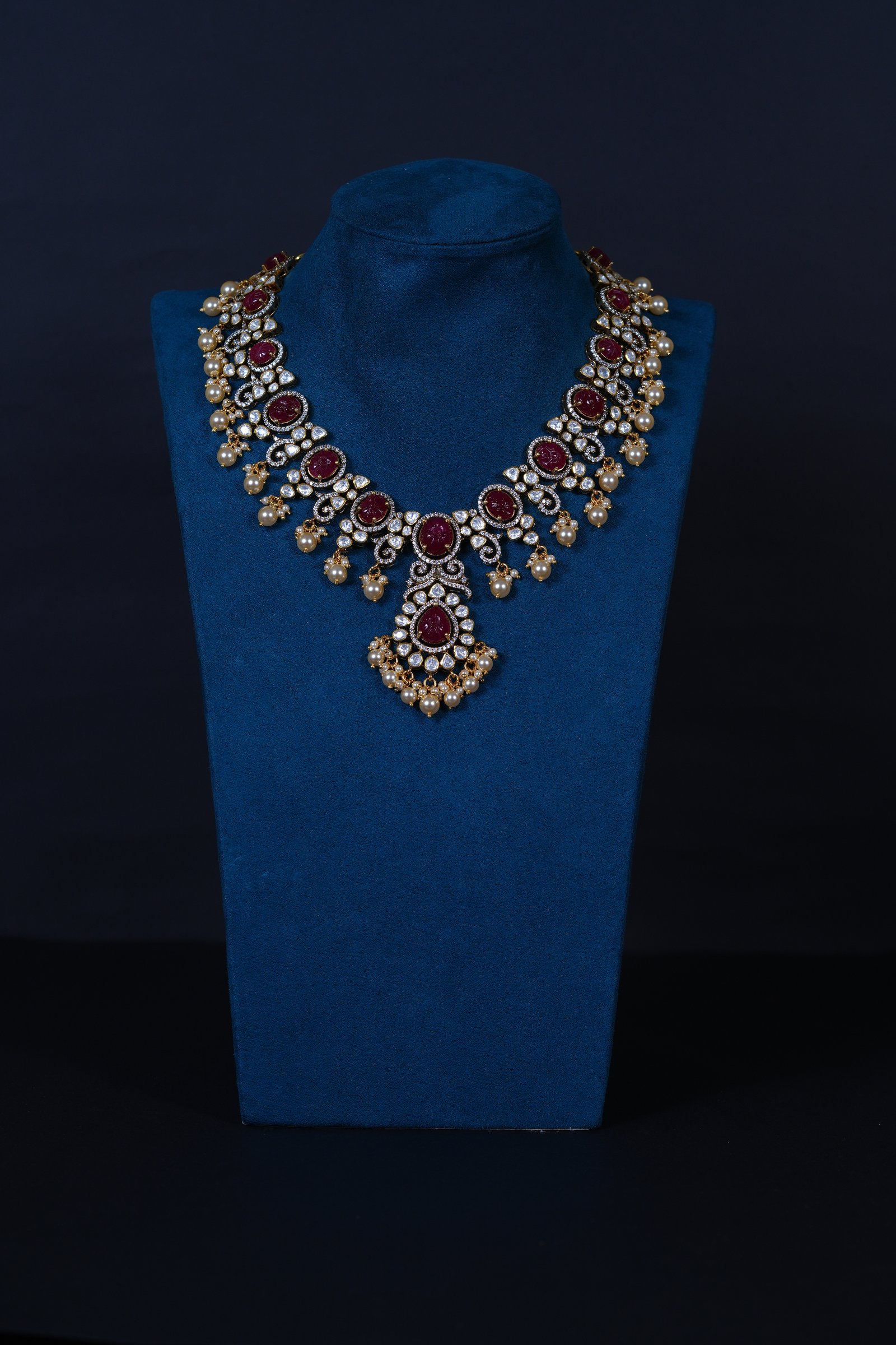 Royal Ruby Carved Polki Necklace Set – 92.5 Sterling Silver