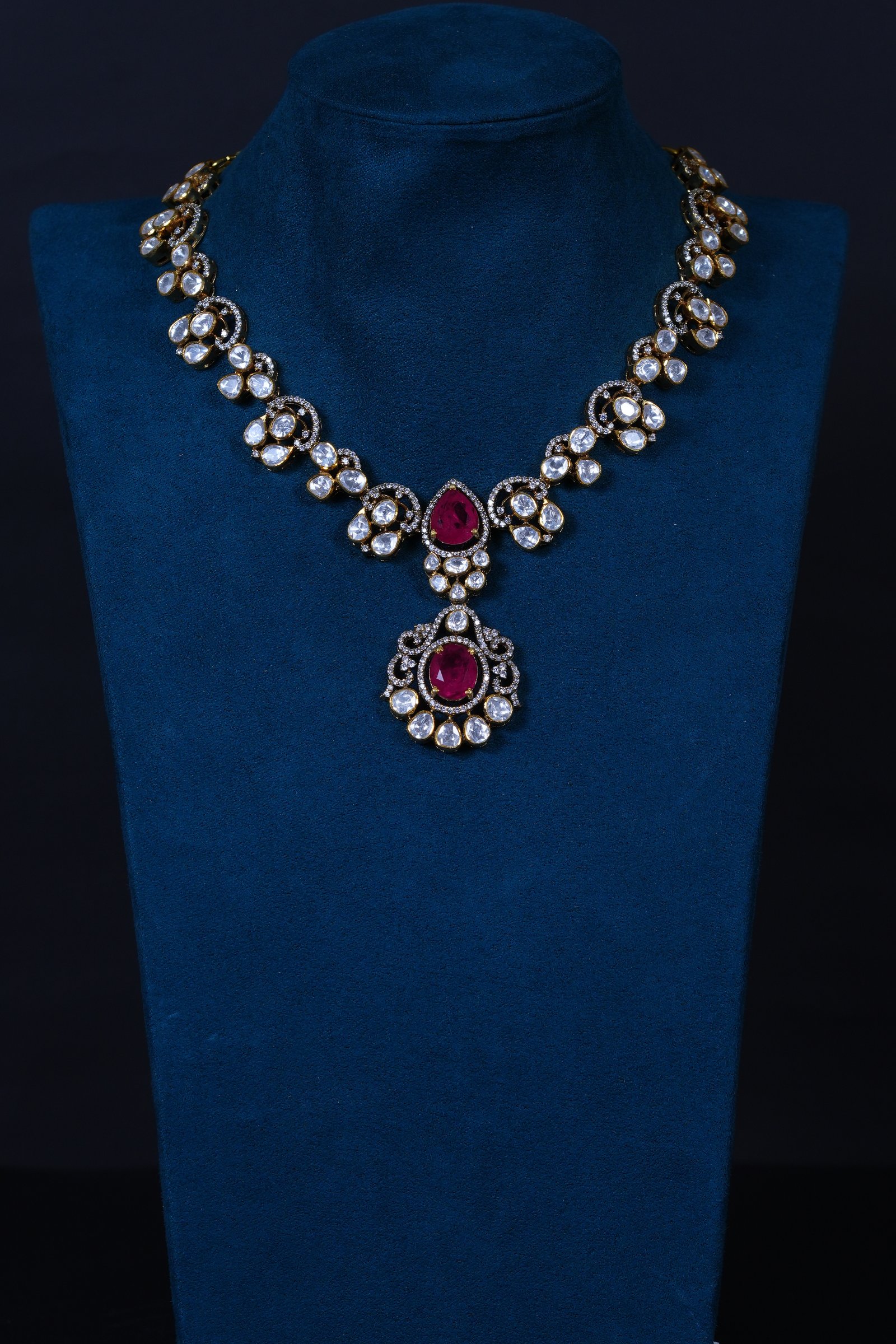 Elegant Polki Ruby Necklace with Earings in 92.5 Silver