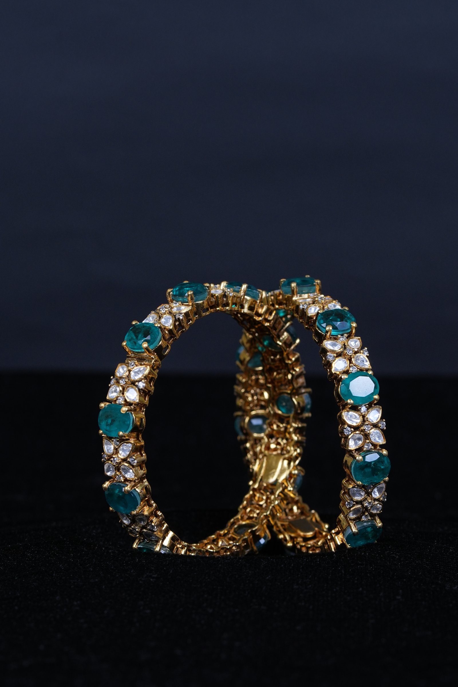 92.5 Sterling Silver Emerald  Kundan Openable Kada Bangles