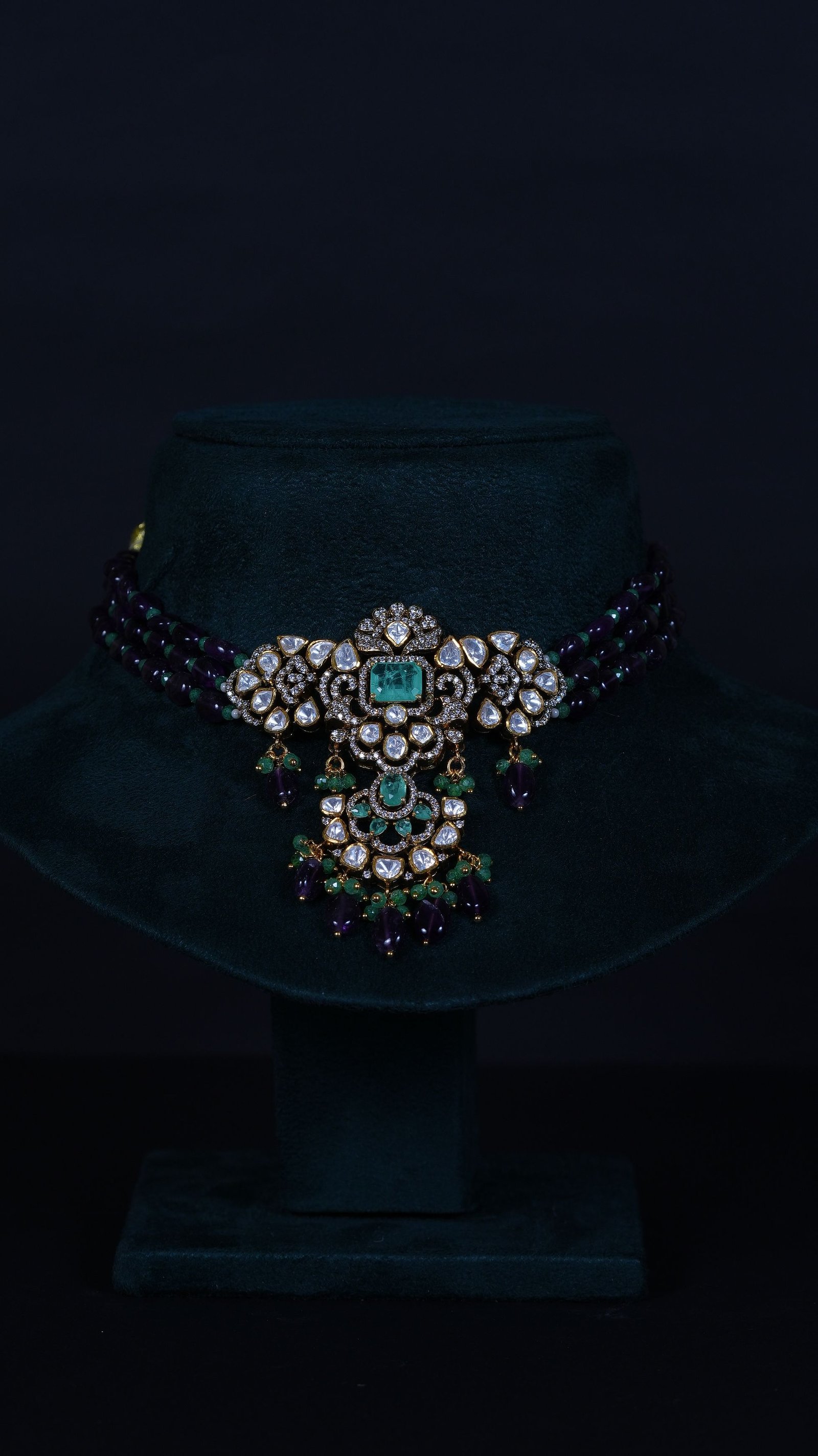 Russian Emerald Moissanite Choker Set – 92.5 Silver with Amethyst Beads