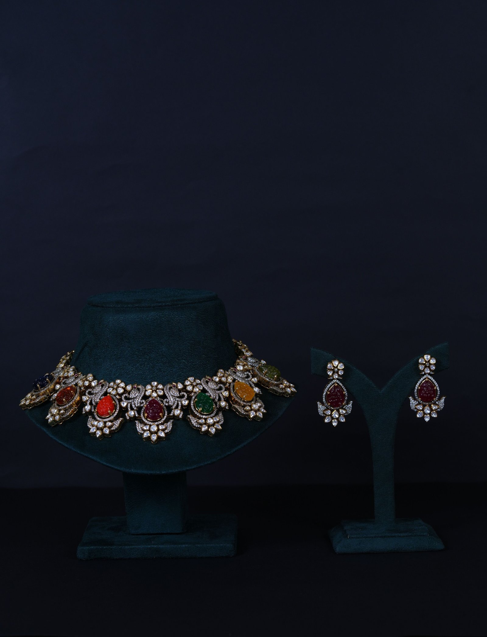 Royal Carved Navaratna Polki Necklace & earrings with Moissanite in 92.5 Sterling Silver