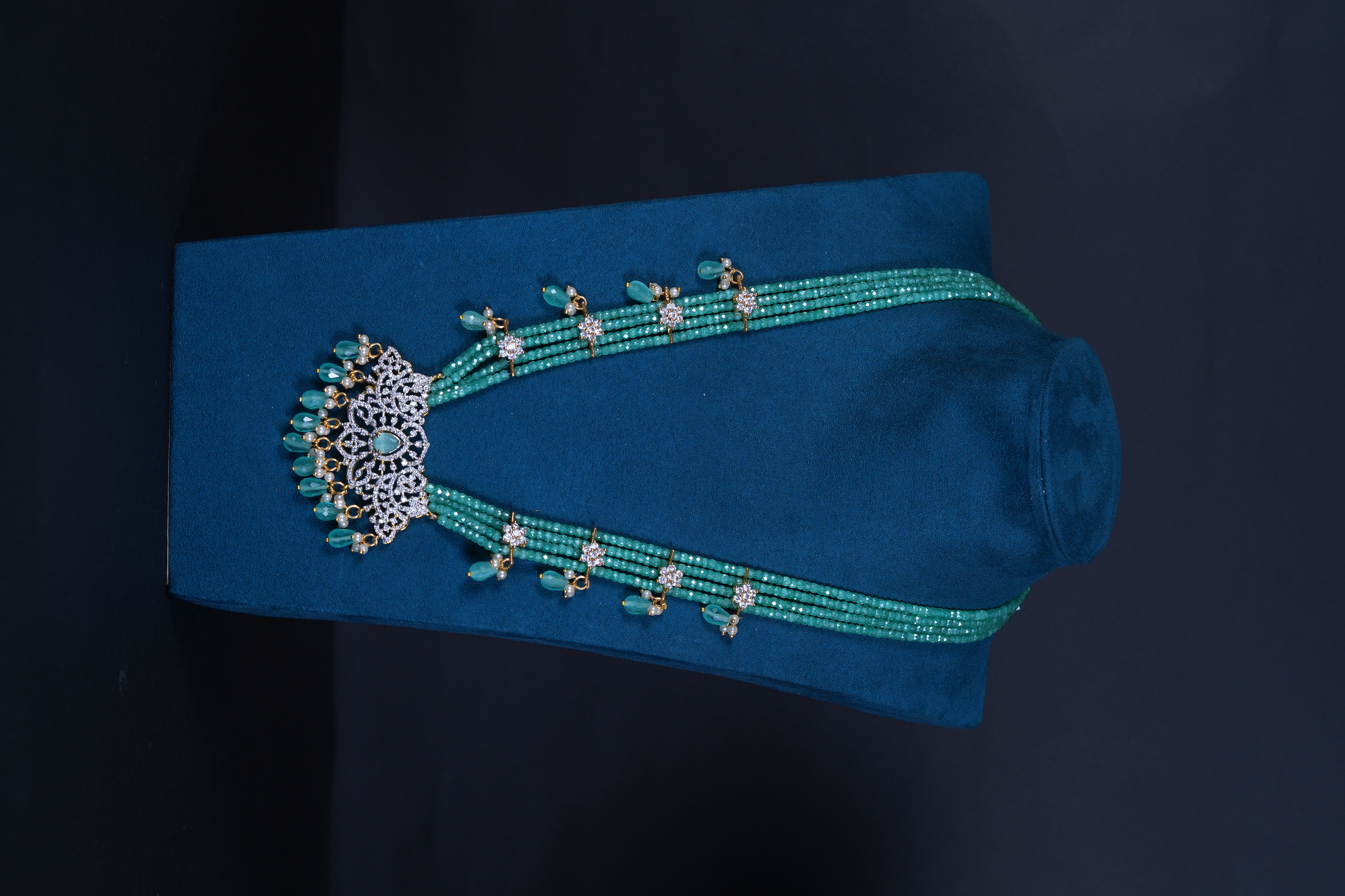 AD Stone Green Beaded Haram with Earrings