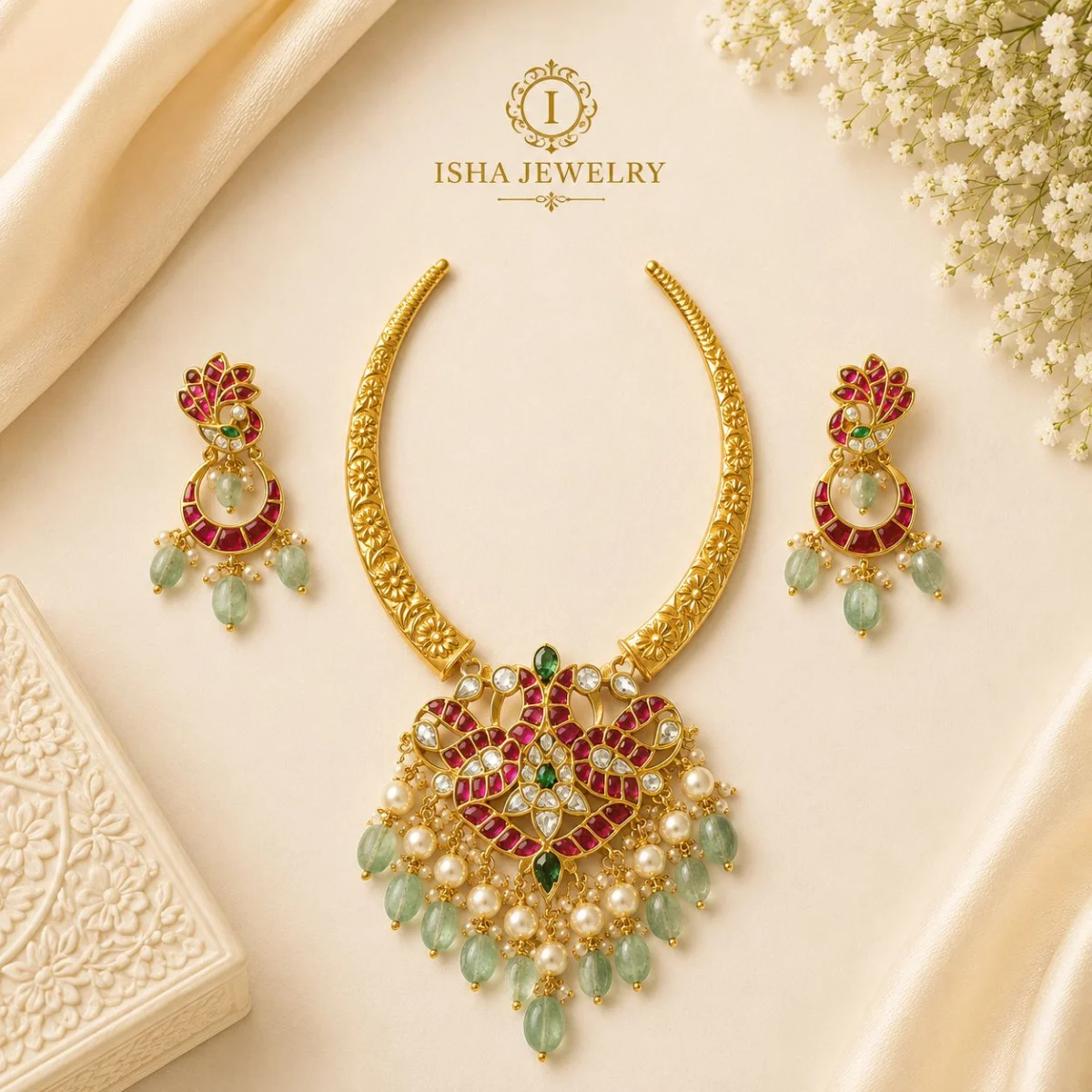 Real jadakundhan kante necklace with screw back earrings