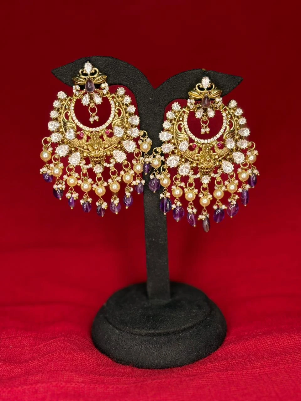 Royal Temple Chandbali Earrings with Pearl & Amethyst Drops
