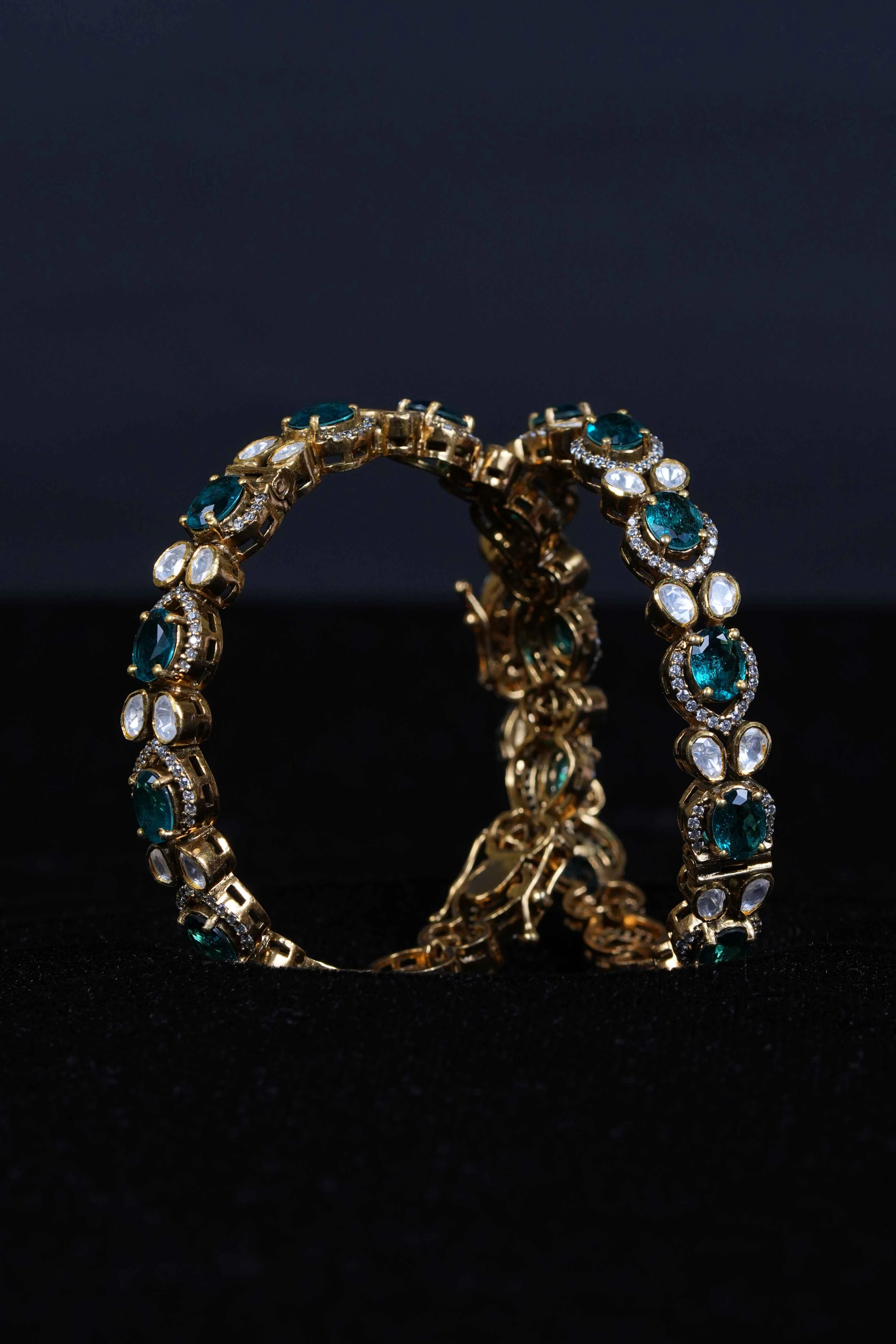 92.5 Sterling Silver Emerald  Kundan Openable Kada Bangles
