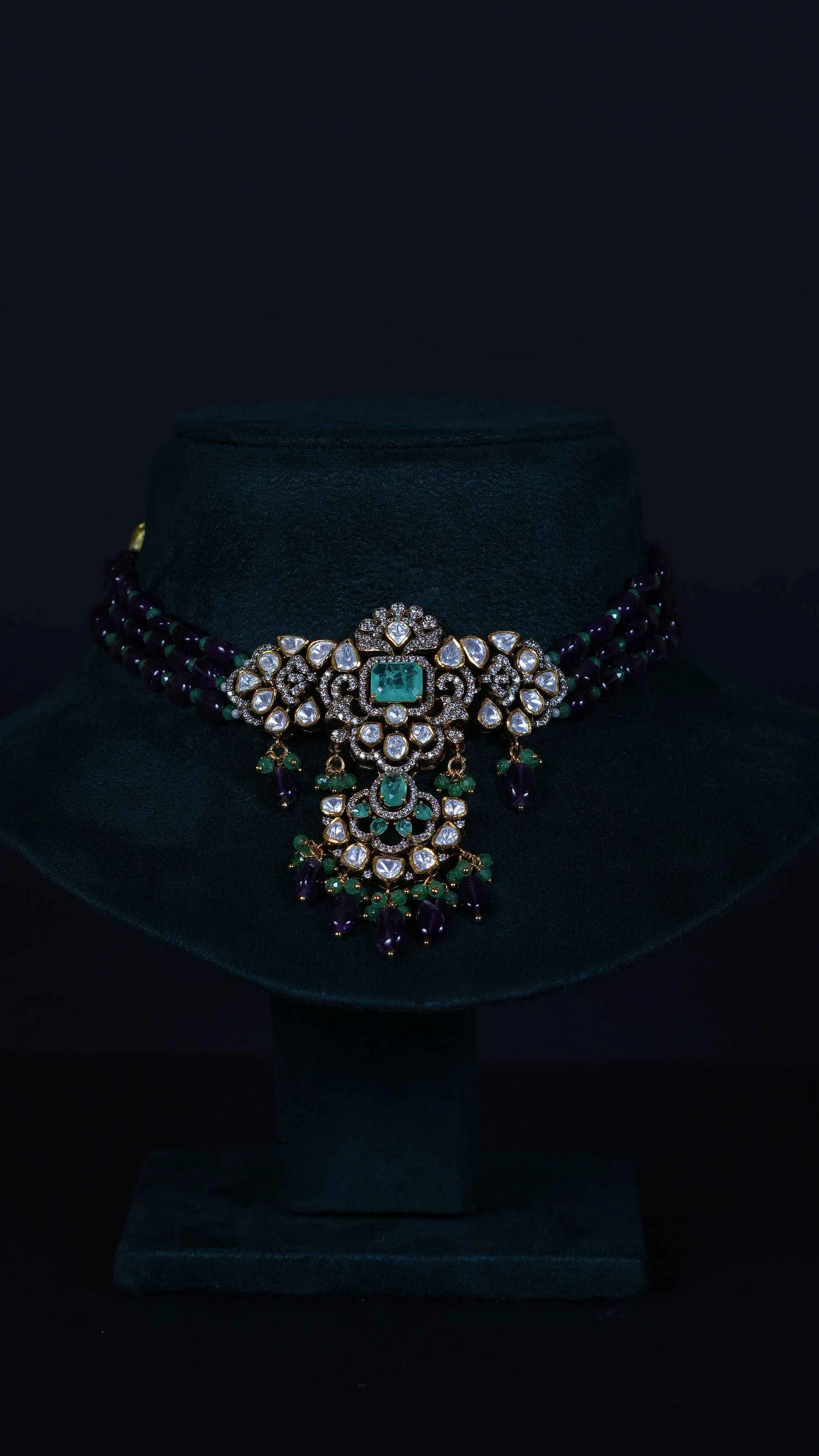Russian Emerald Moissanite Choker Set – 92.5 Silver with Amethyst Beads