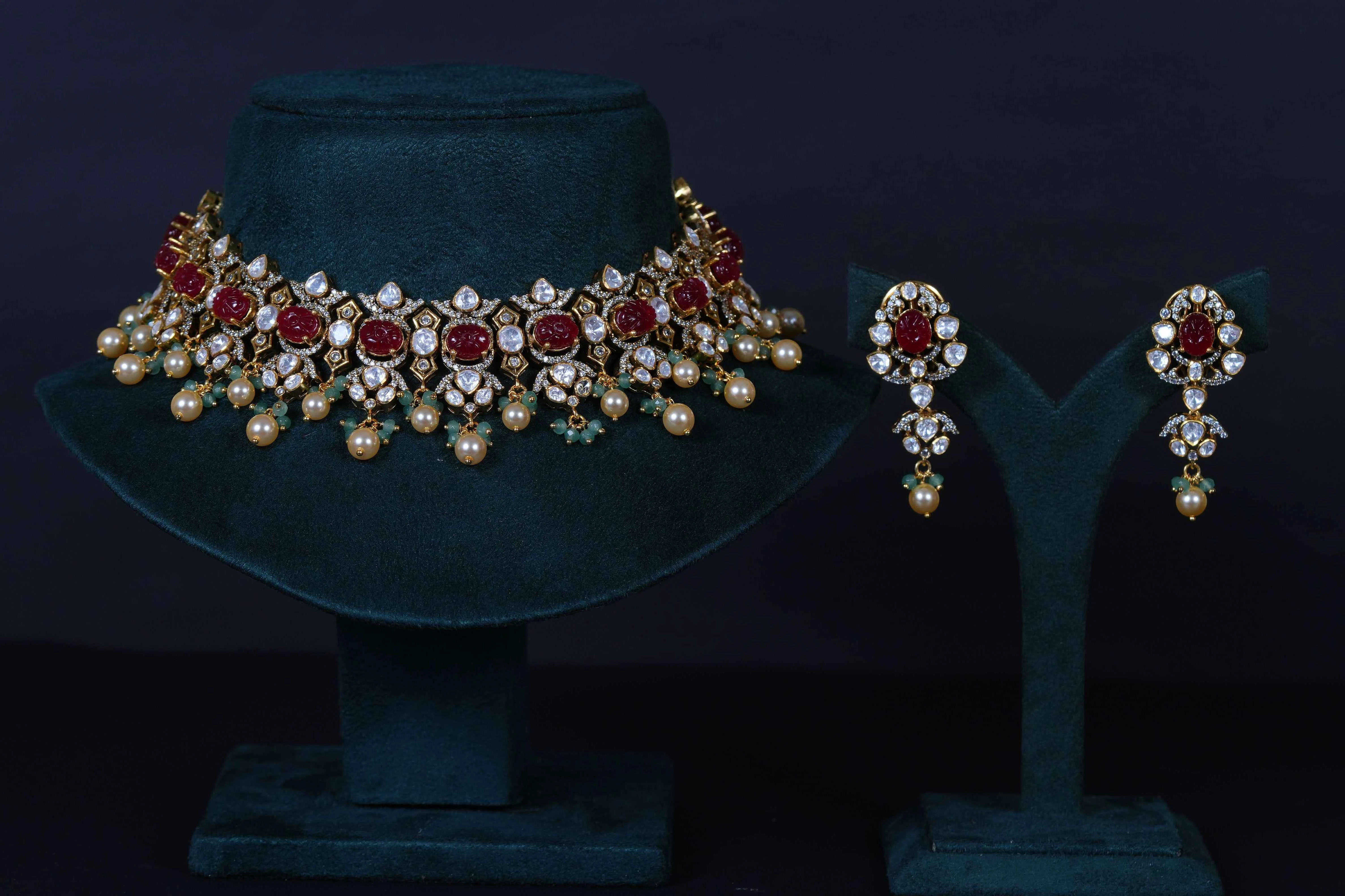 92.5 Sterling Silver Ruby Carved Polki Necklace Set with Real Beads & Pearls