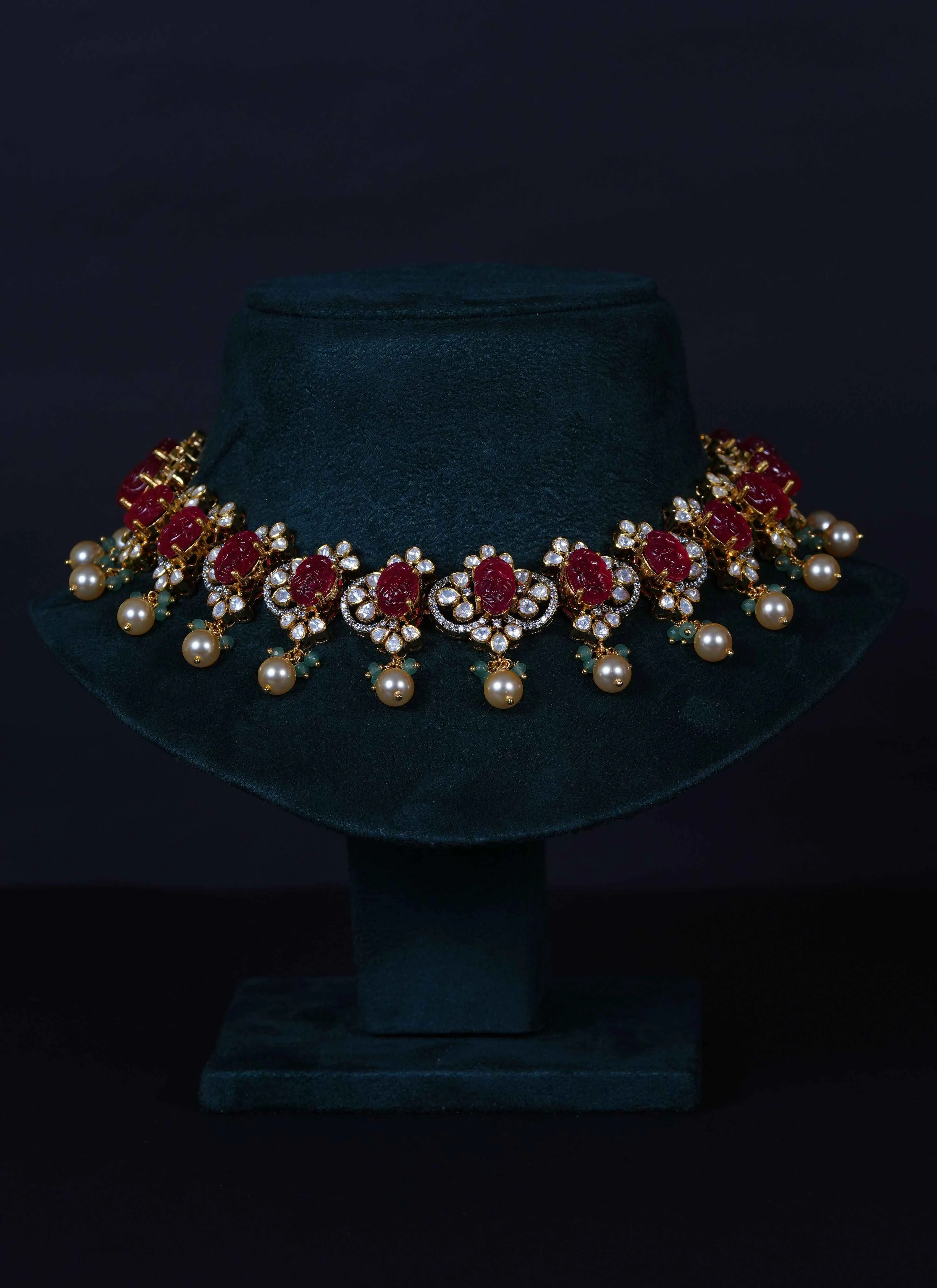 Royal Carved Ruby Necklace & earrings with Moissanite in 92.5 Sterling Silver