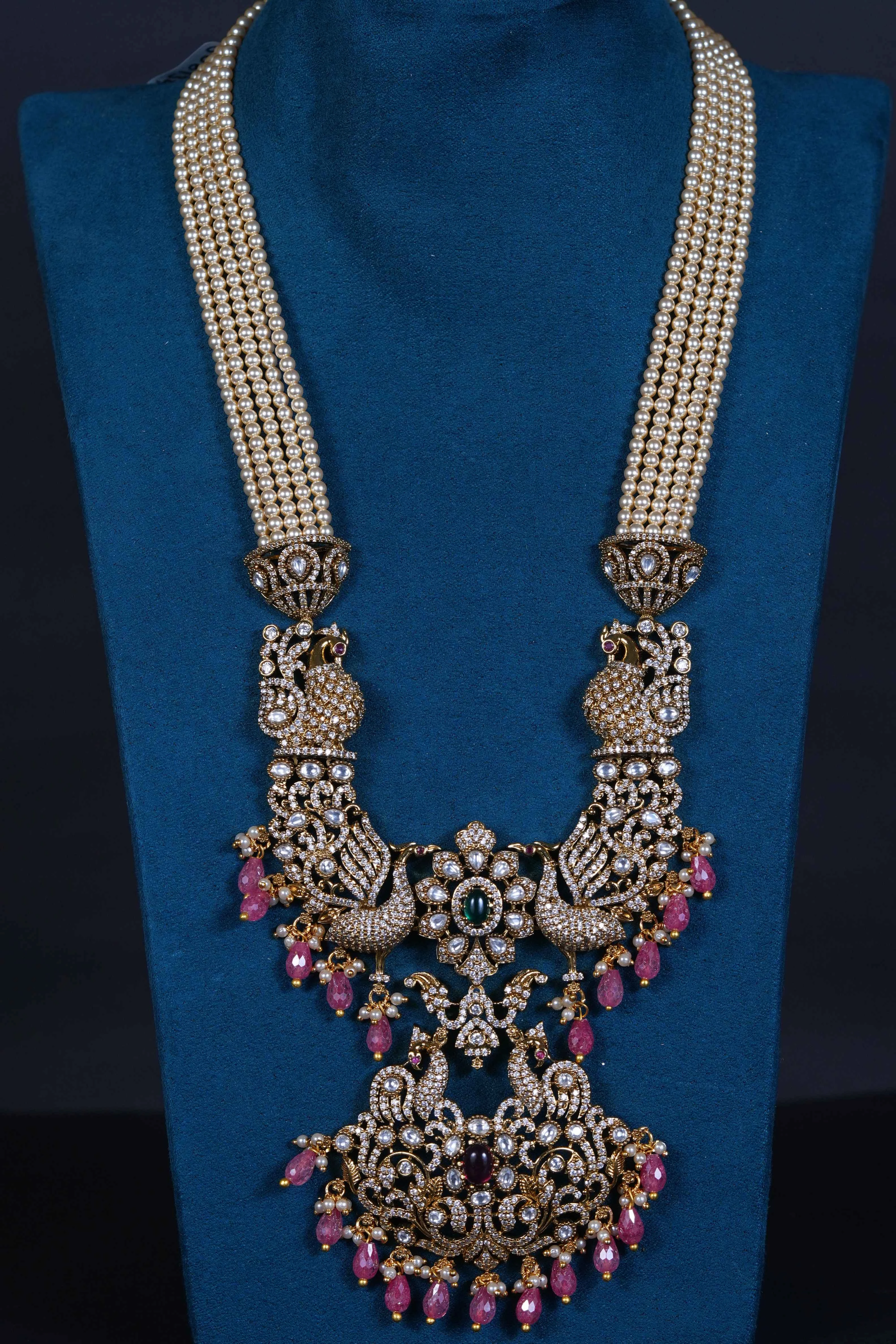 Royal Victorian Peacock Pendant Necklace with Pearls & Screw Back Earrings