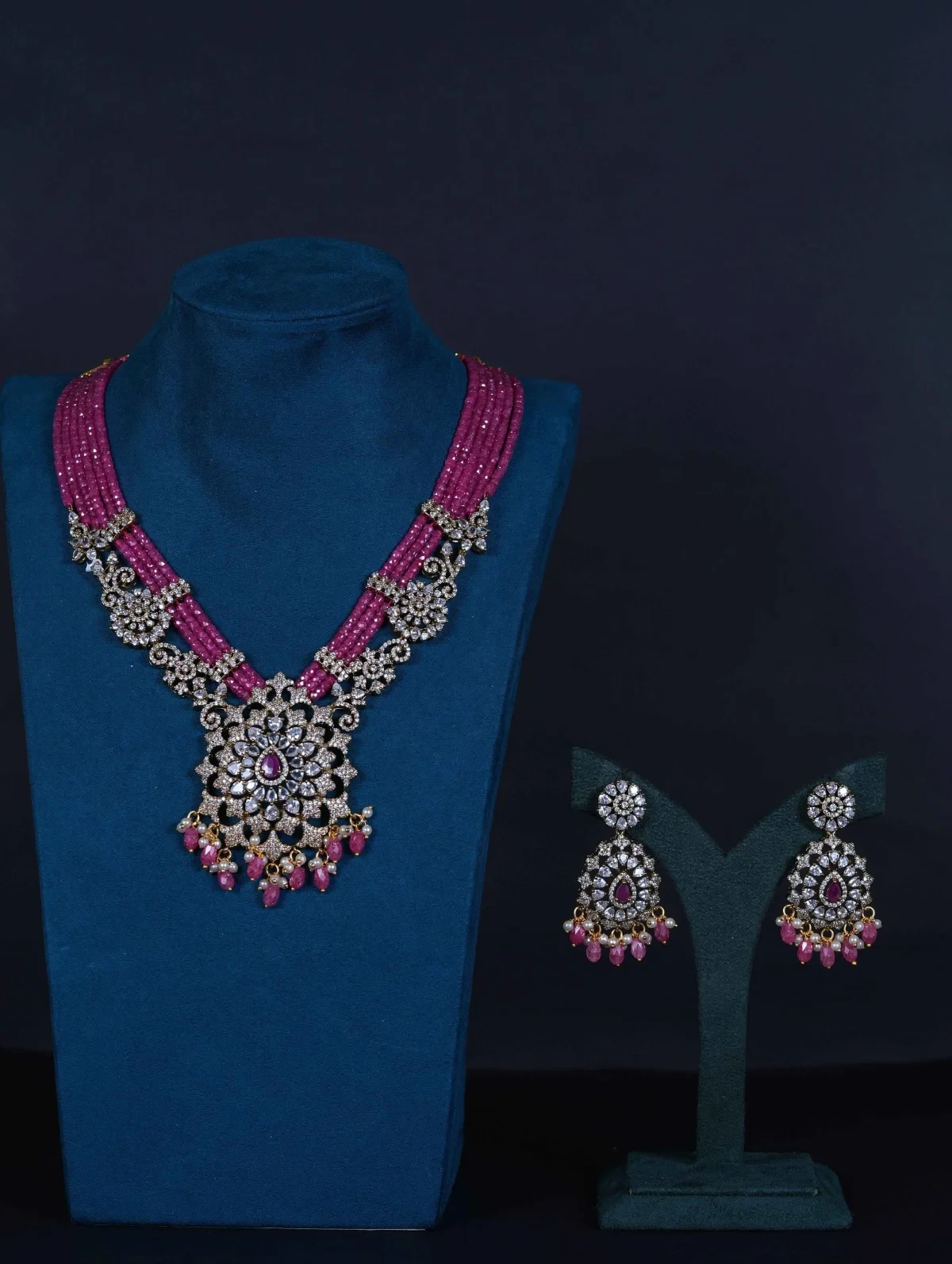Royal Victorian Moissanite Necklace Set with Stone Beads &  Earrings