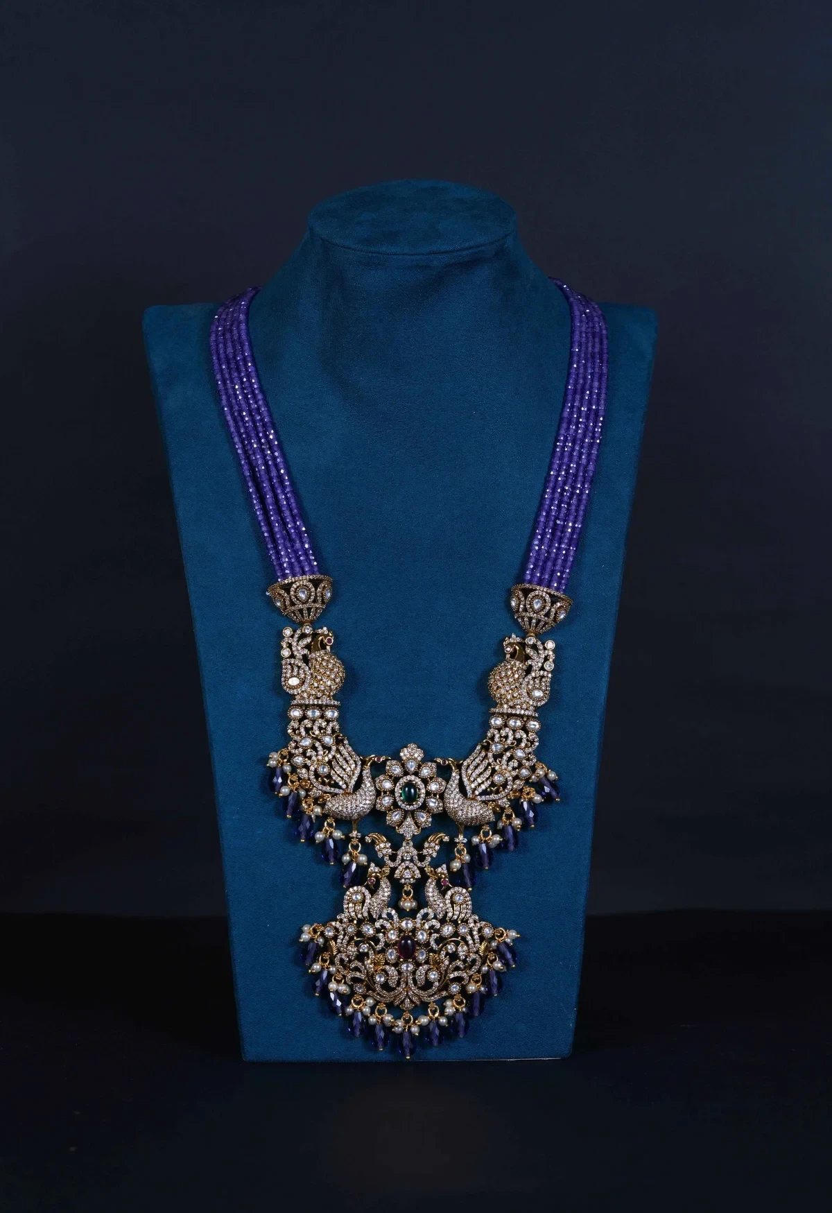 Royal Victorian Peacock Pendant Set with Beaded Necklace & Screw Back Earrings