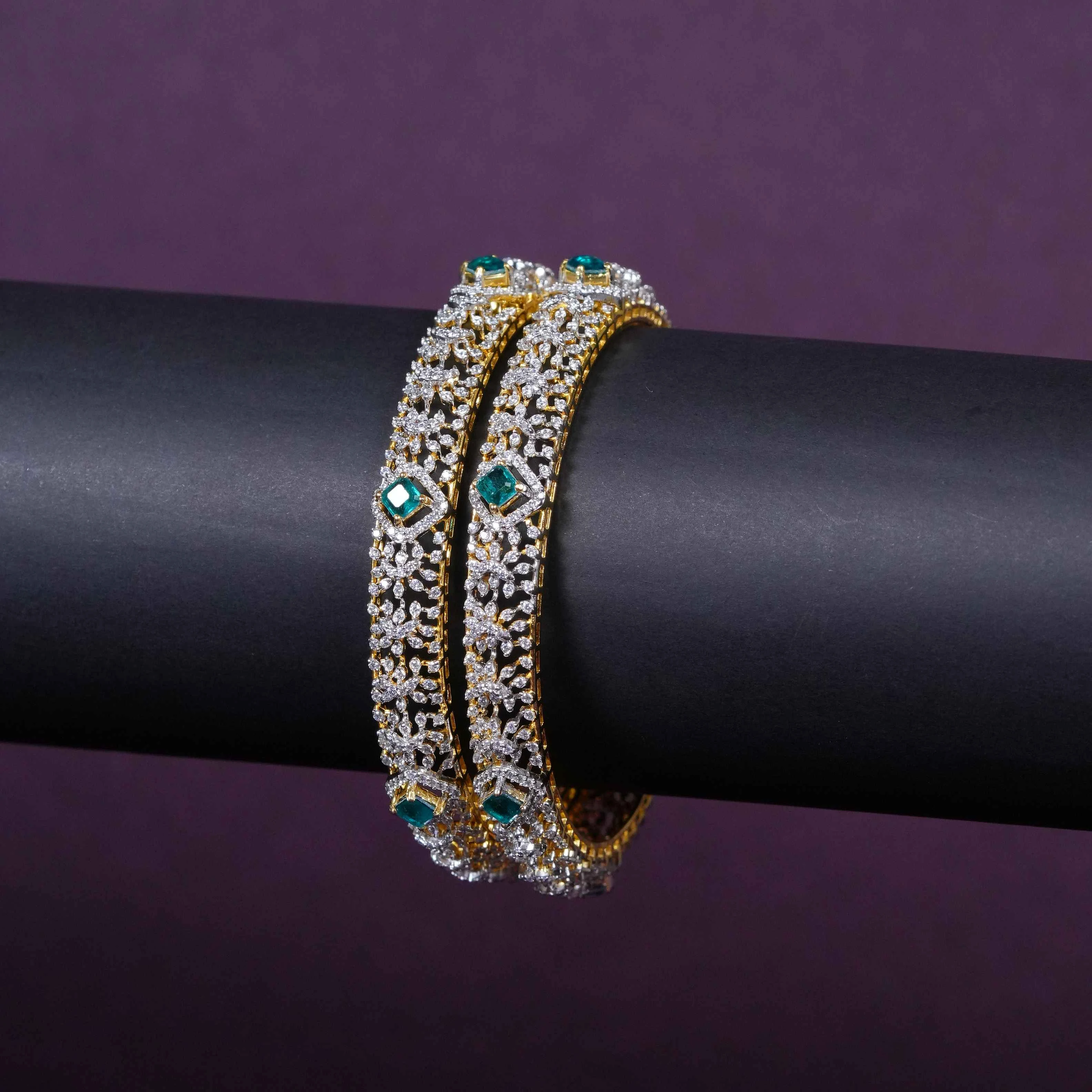 Emerald American Diamond Floral Lattice Statement Bangles
