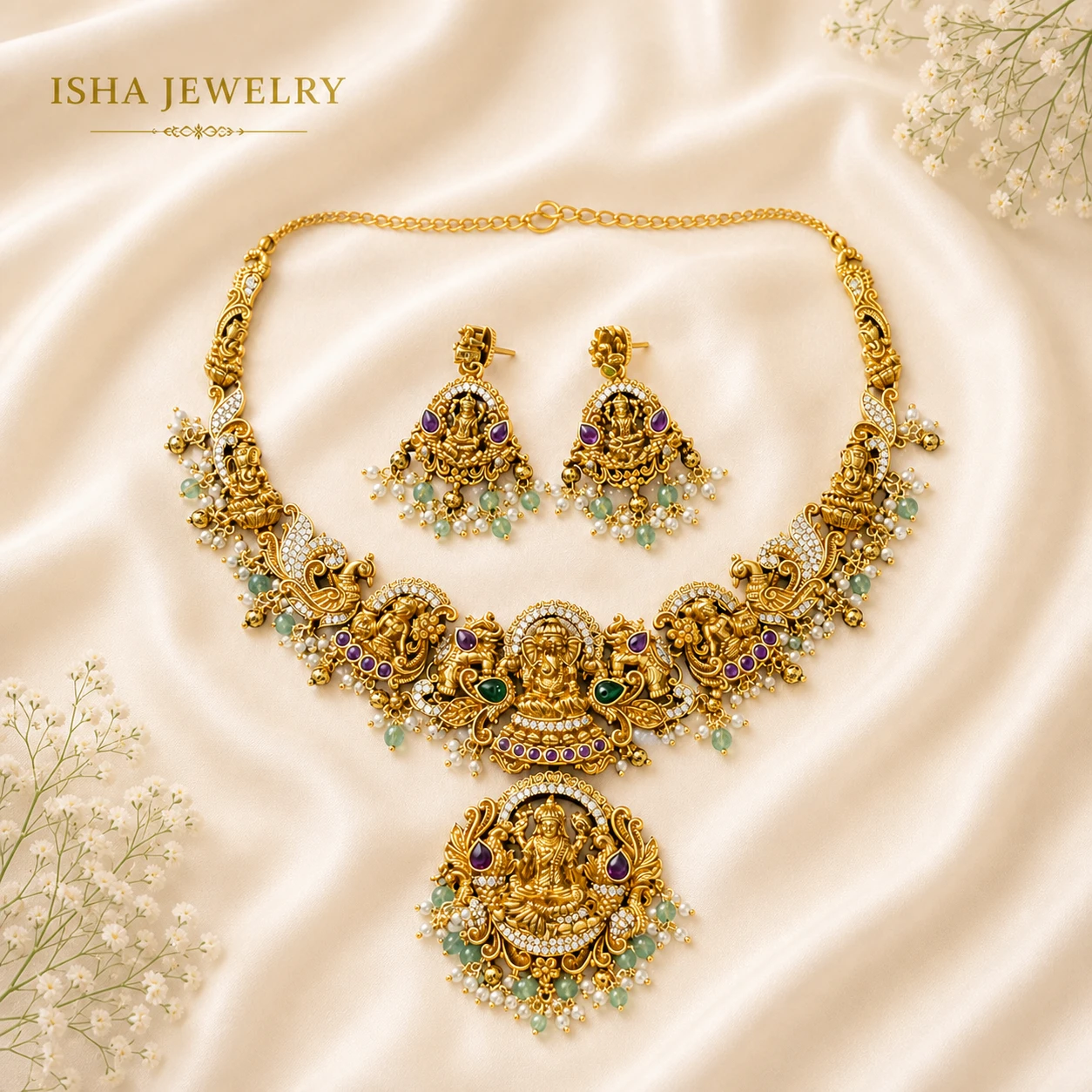 Lakshmi Peacock Temple Necklace Set