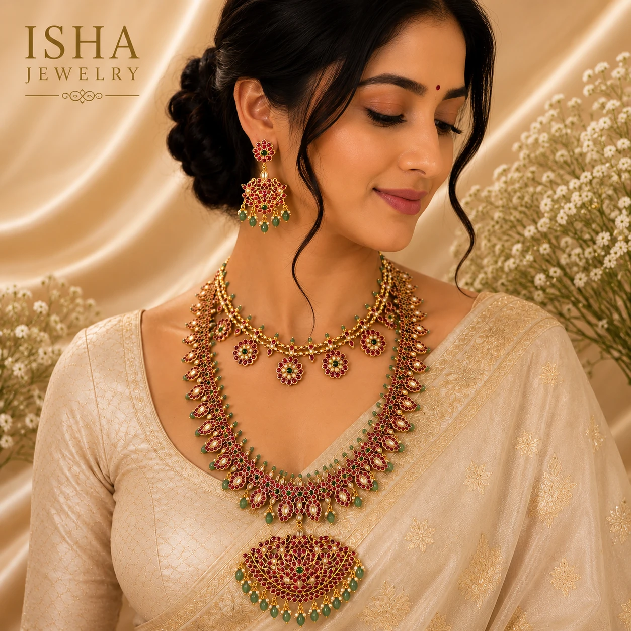 A stunning premium-quality traditional bridal jewelry set, beautifully crafted with intricate detailing, rich ruby-toned stones, elegant green accents, and delicate beadwork. This statement set includes a grand necklace, coordinating necklace, and matchin