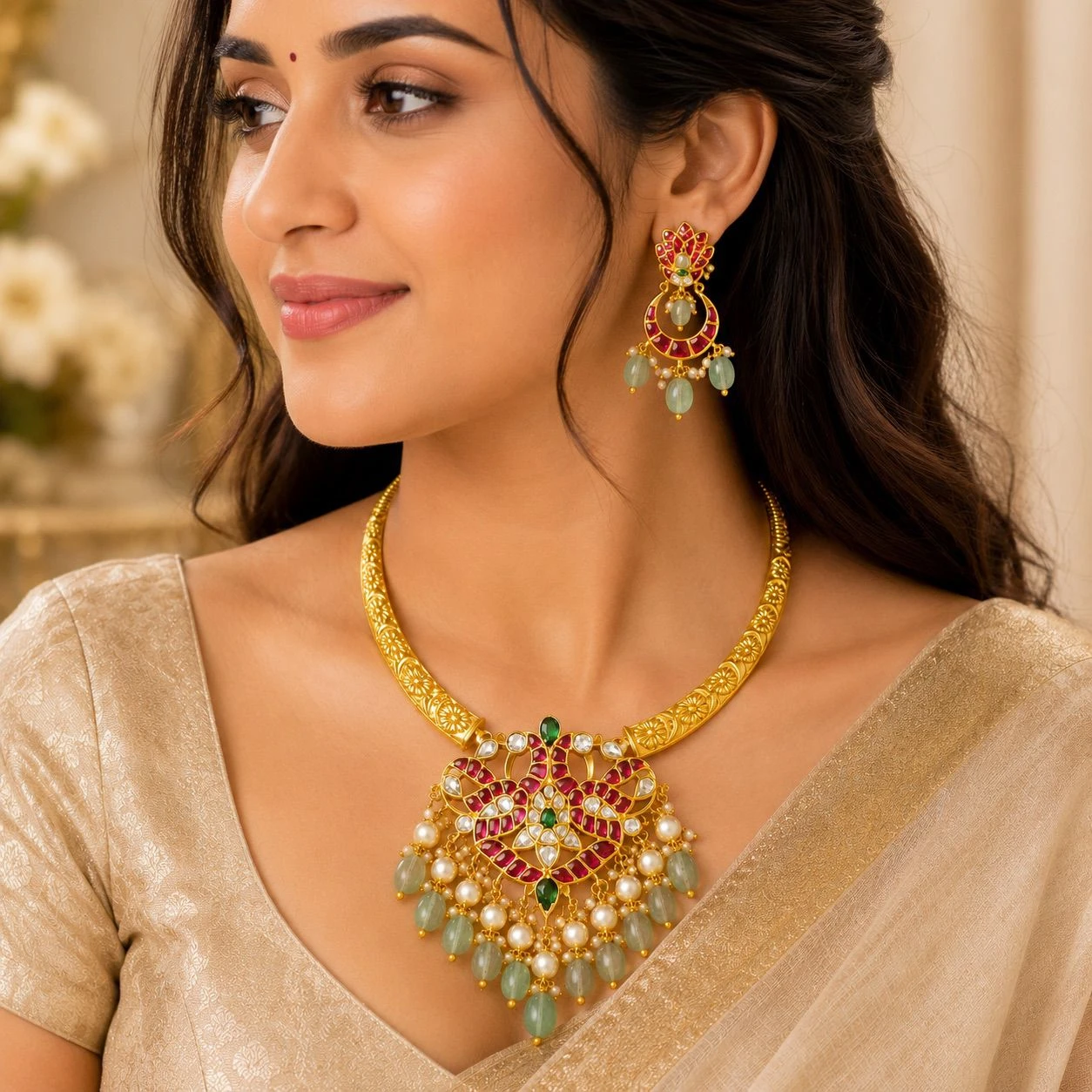 Real jadakundhan kante necklace with screw back earrings