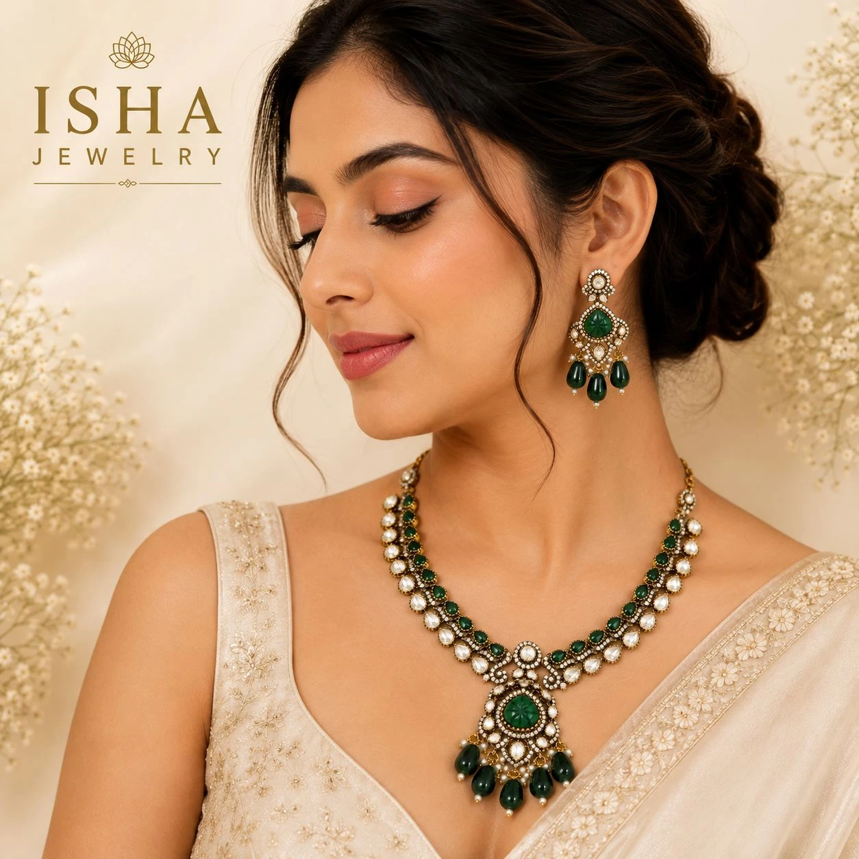 Premium Quality Moissanite & Green Stone Victorian Necklace Set