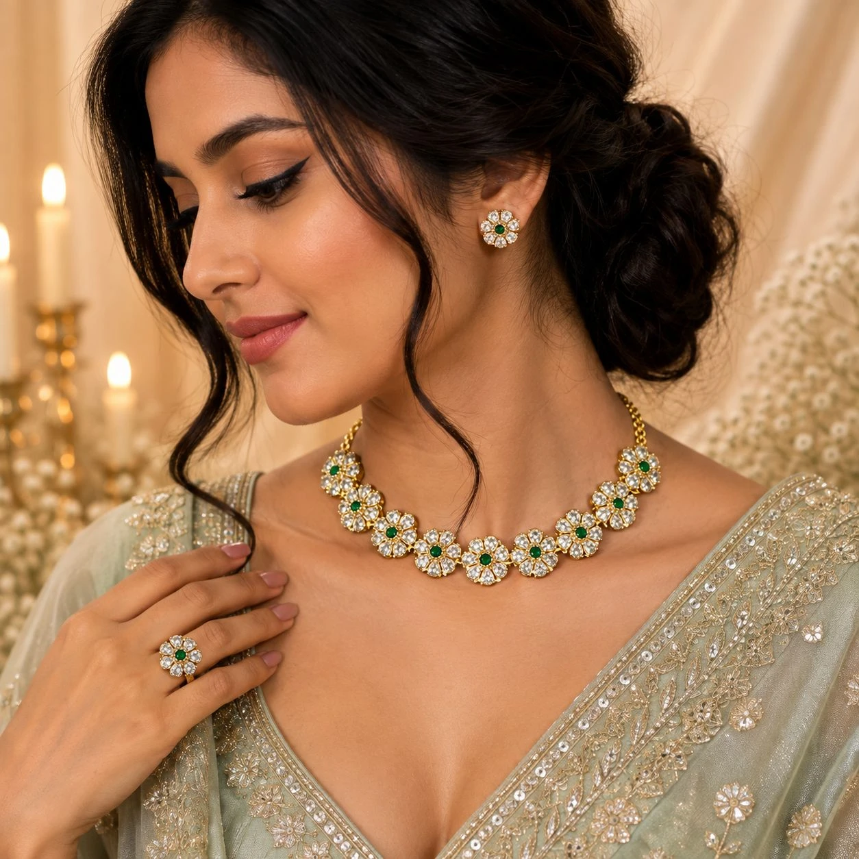 Premium Quality Emerald & Real Polki Necklace Set with Finger Ring
