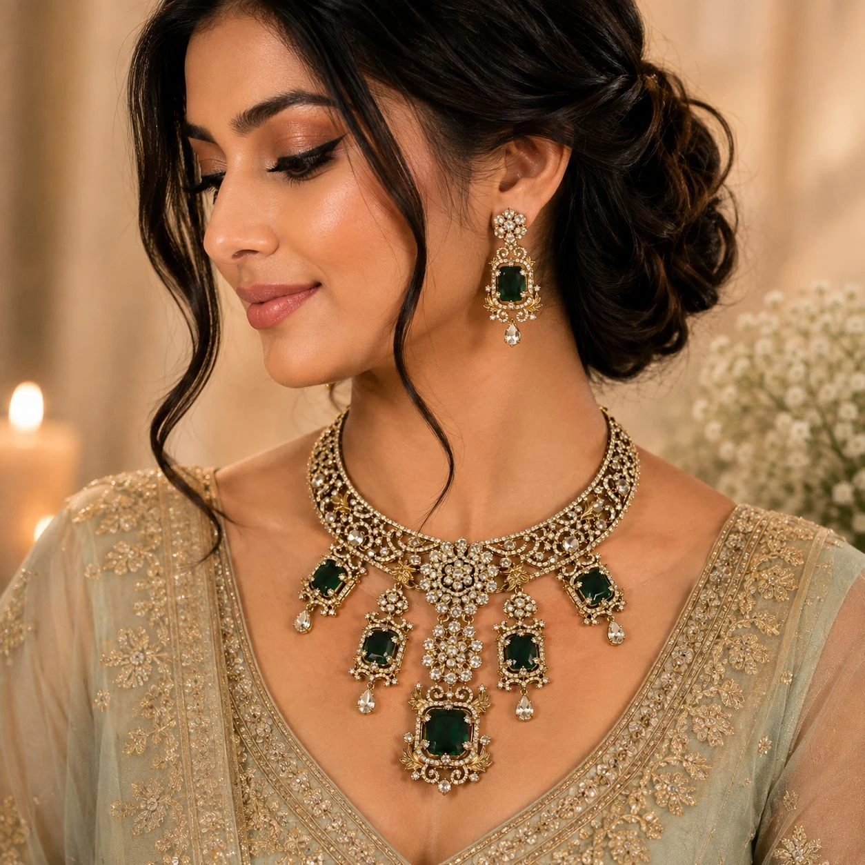 Luxury Real Polki & Emerald Statement Necklace Set