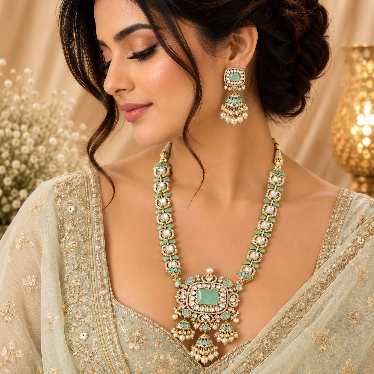 Premium Quality Moissanite & Russian Emerald Statement Necklace Set