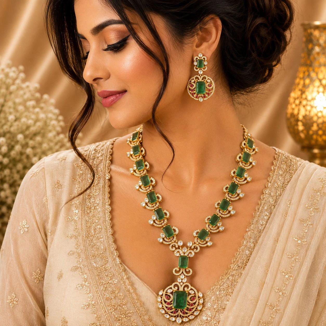 Premium Quality Moissanite & Emerald Statement Necklace Set