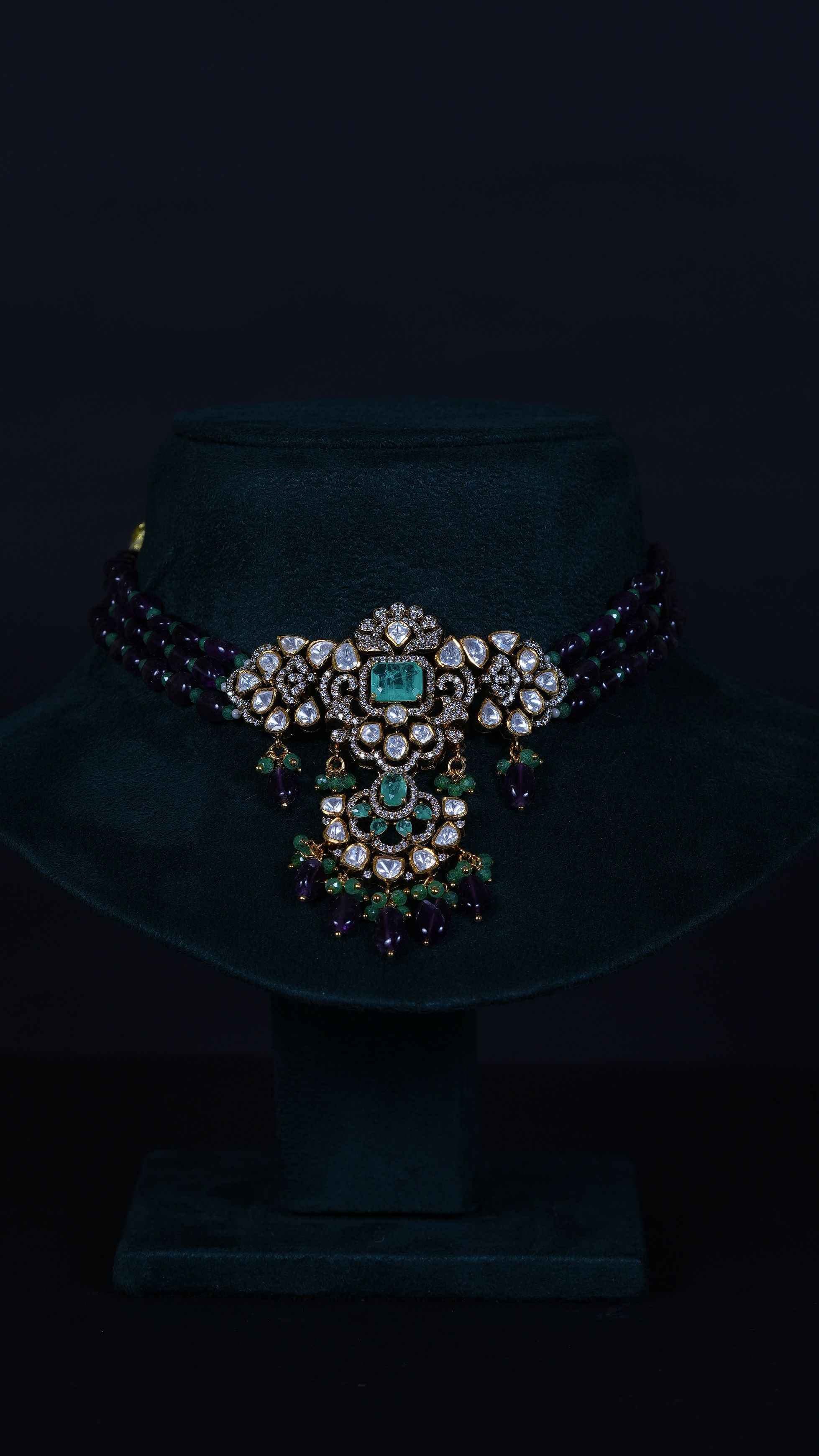 Russian Emerald Moissanite Choker Set – 92.5 Silver with Amethyst Beads