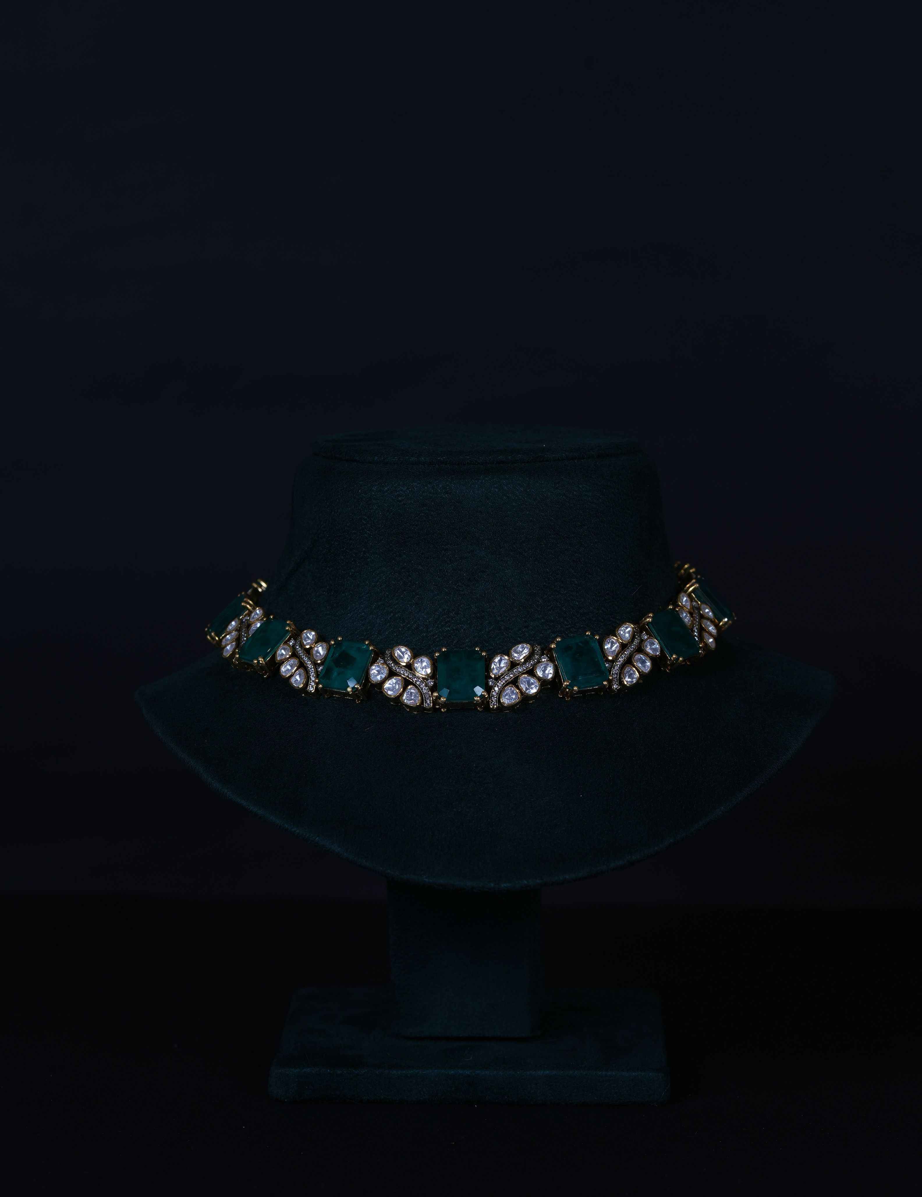 Imperial Russian Emerald Polki Necklace Set in 92.5 Sterling Silver