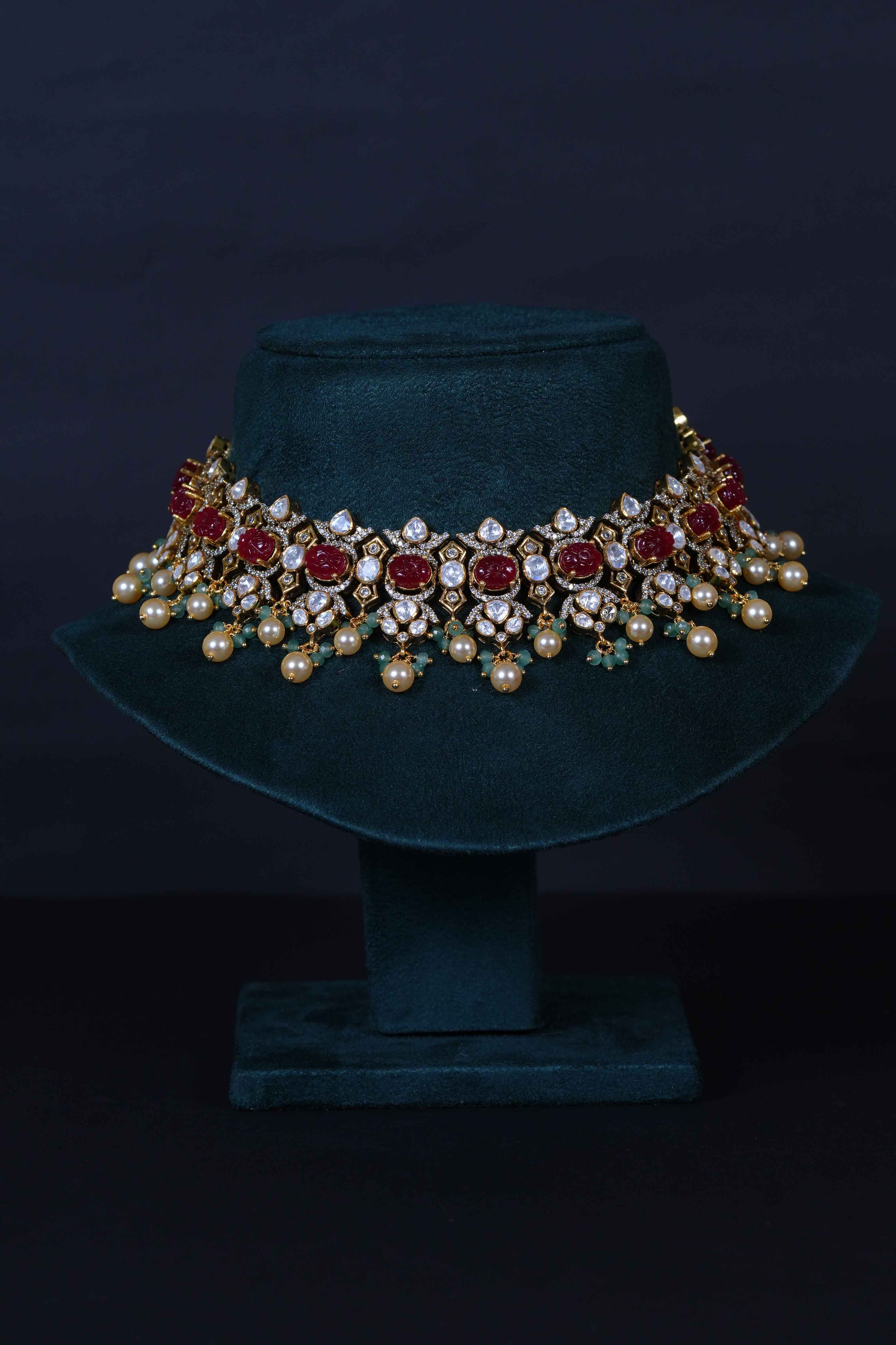 92.5 Sterling Silver Ruby Carved Polki Necklace Set with Real Beads & Pearls