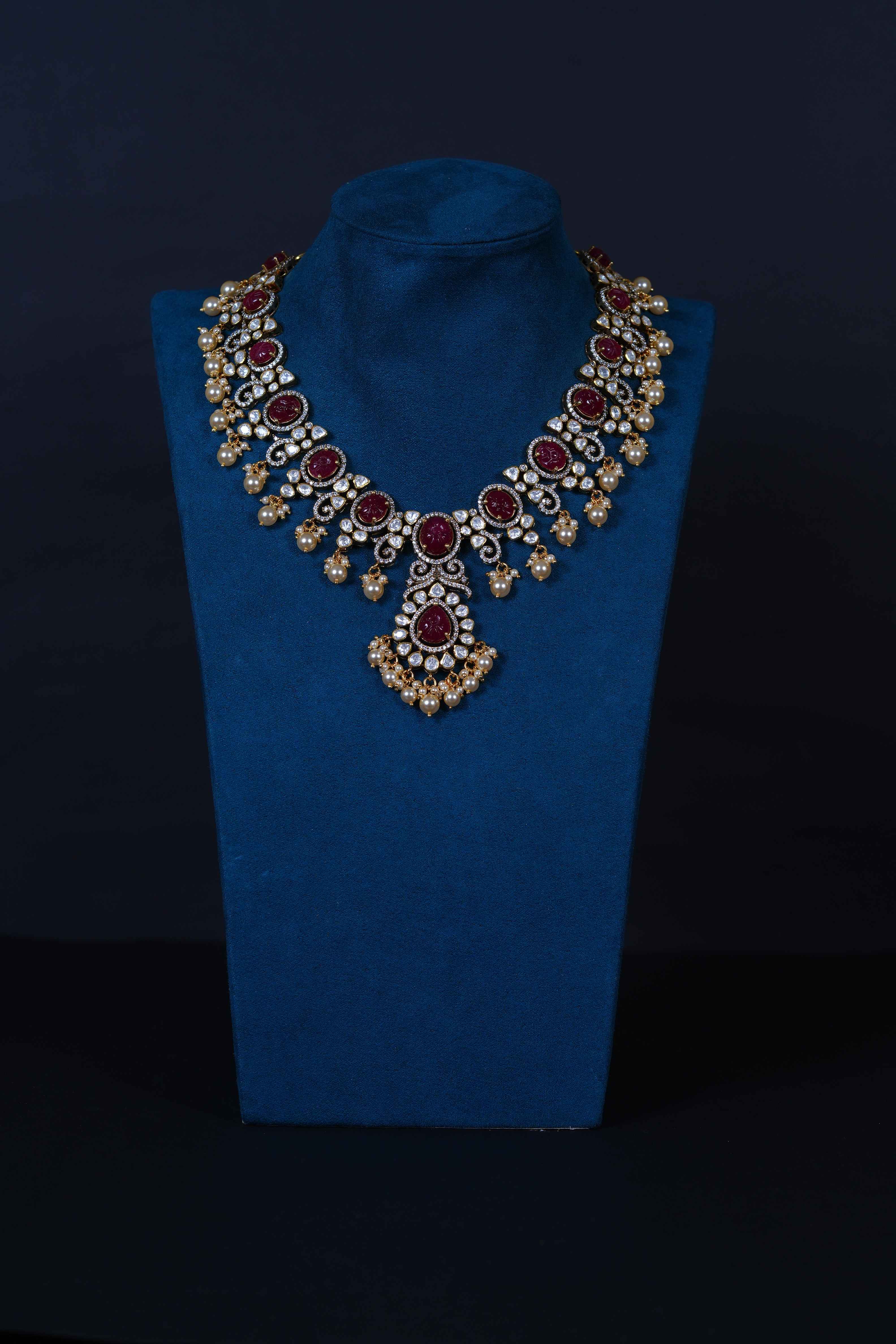 Royal Ruby Carved Polki Necklace Set – 92.5 Sterling Silver