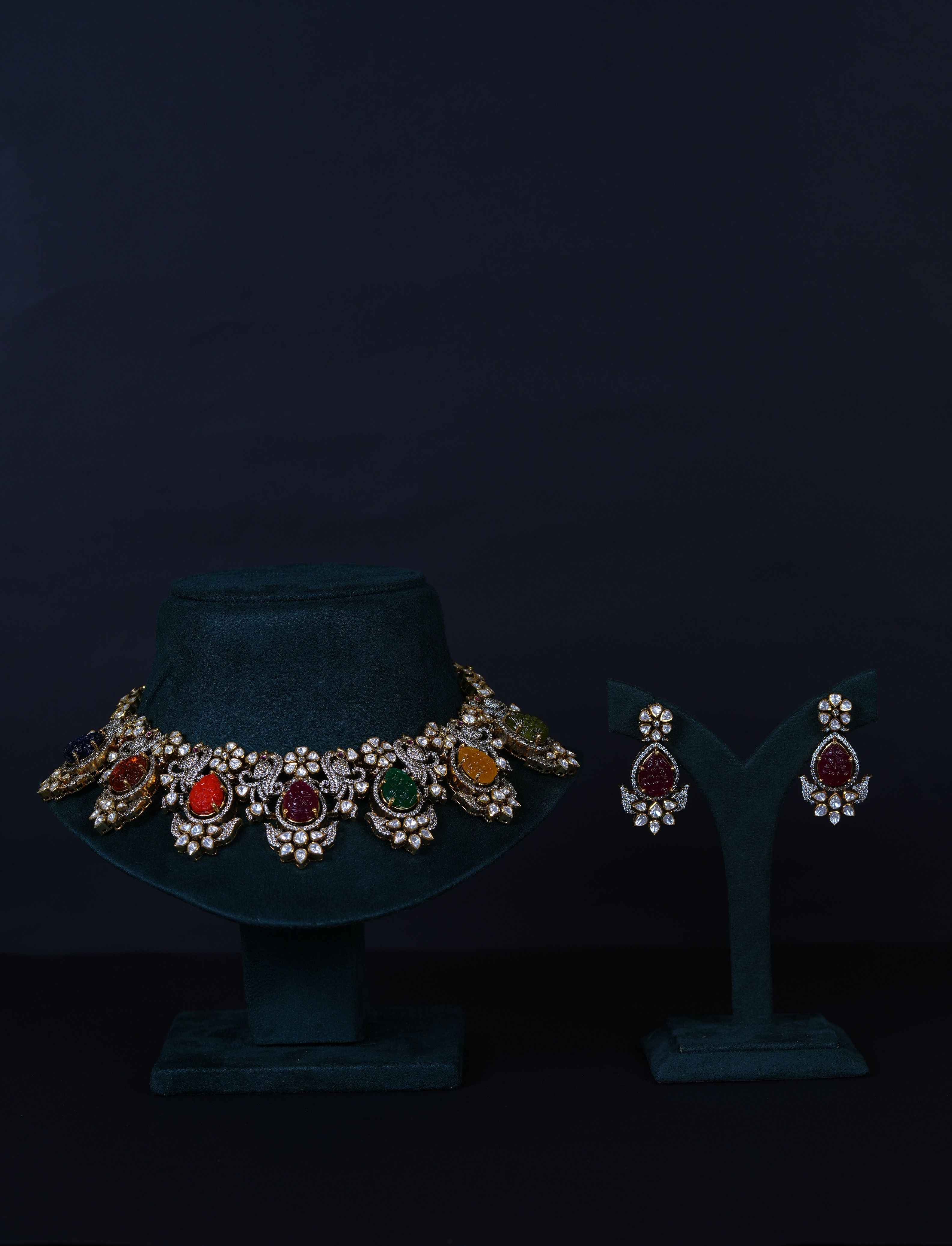 Royal Carved Navaratna Polki Necklace & earrings with Moissanite in 92.5 Sterling Silver