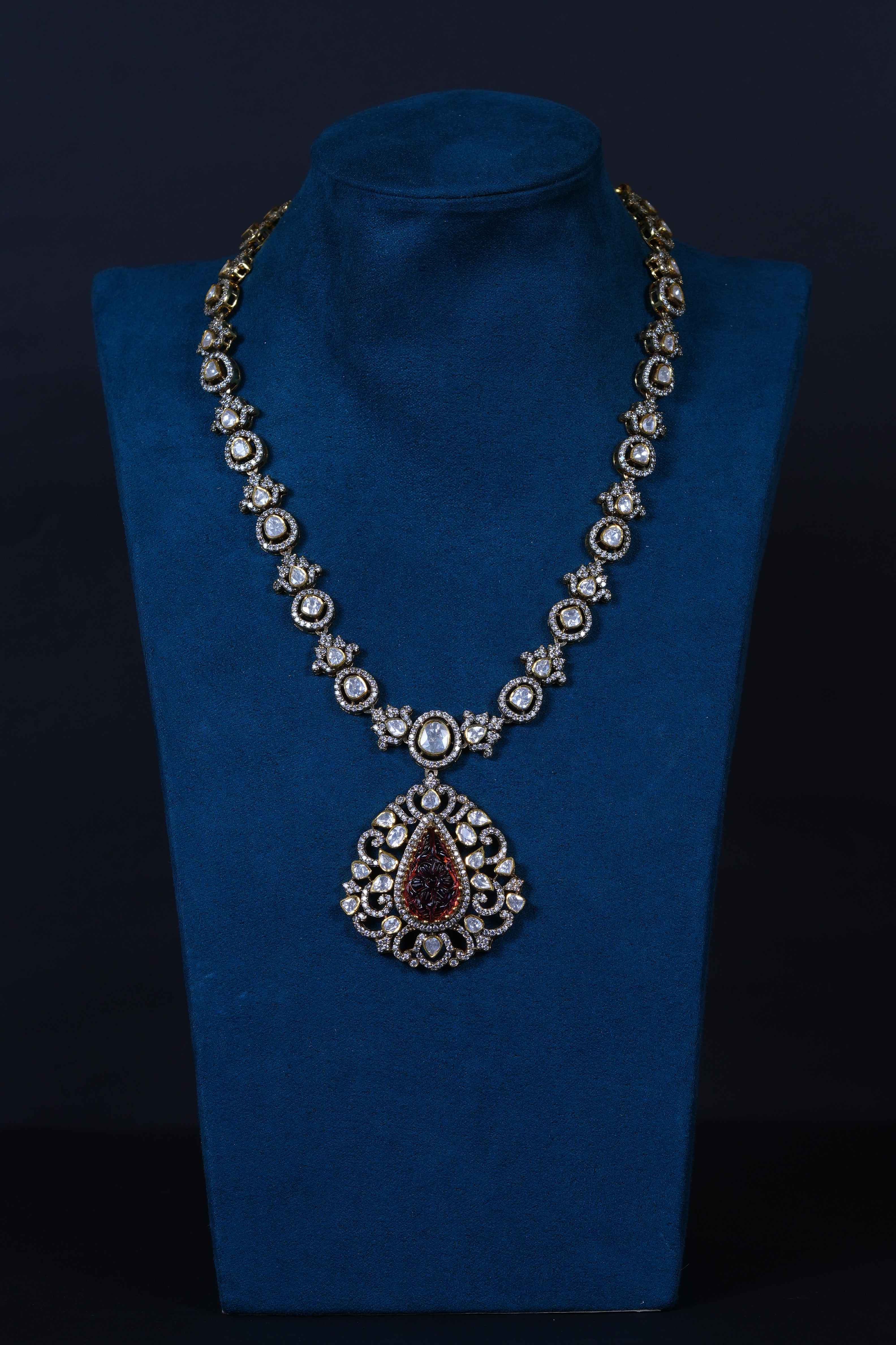 Real Polki & Carved Ruby Necklace & earrings in 92.5 Silver
