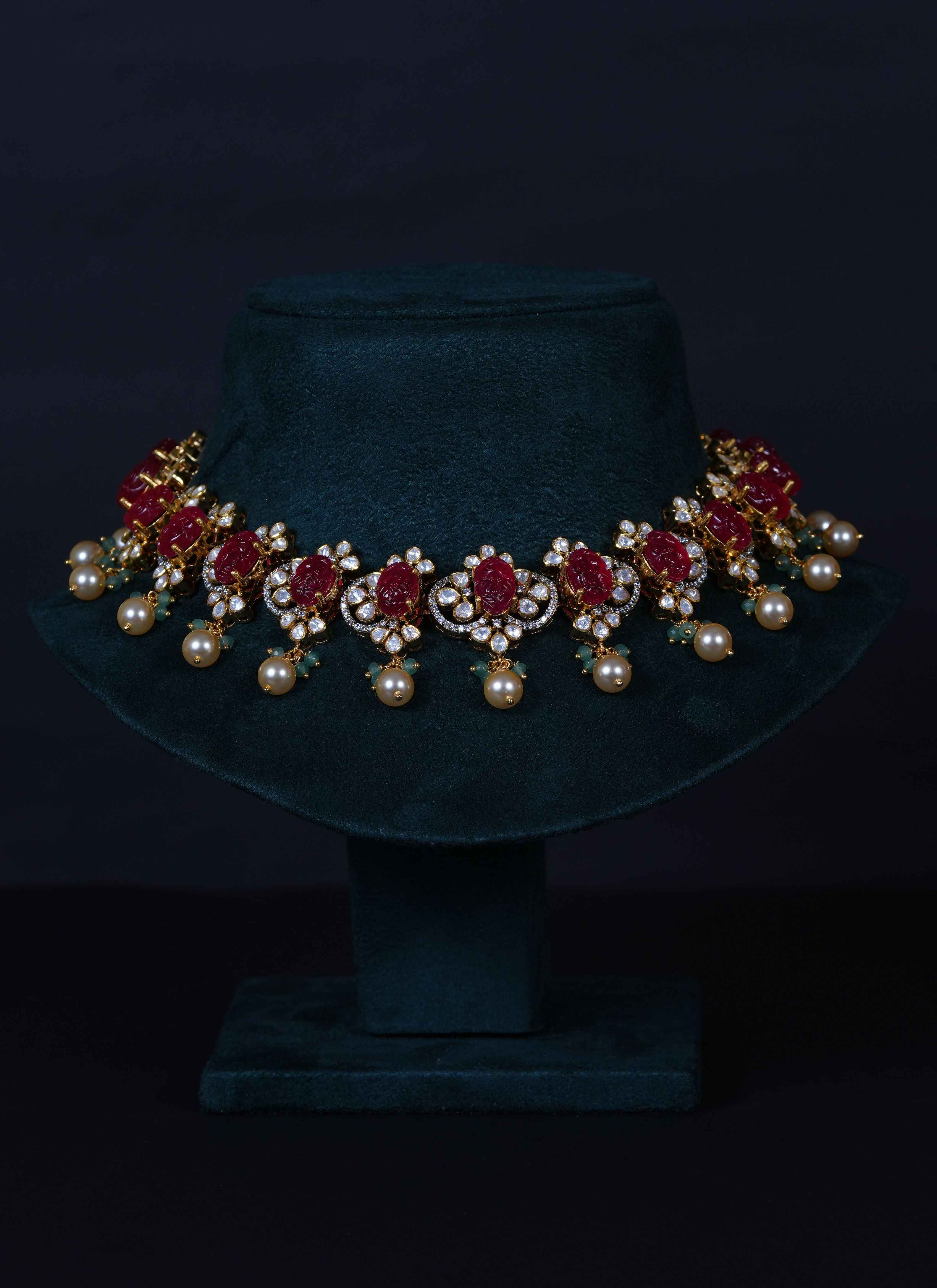 Royal Carved Ruby Necklace & earrings with Moissanite in 92.5 Sterling Silver