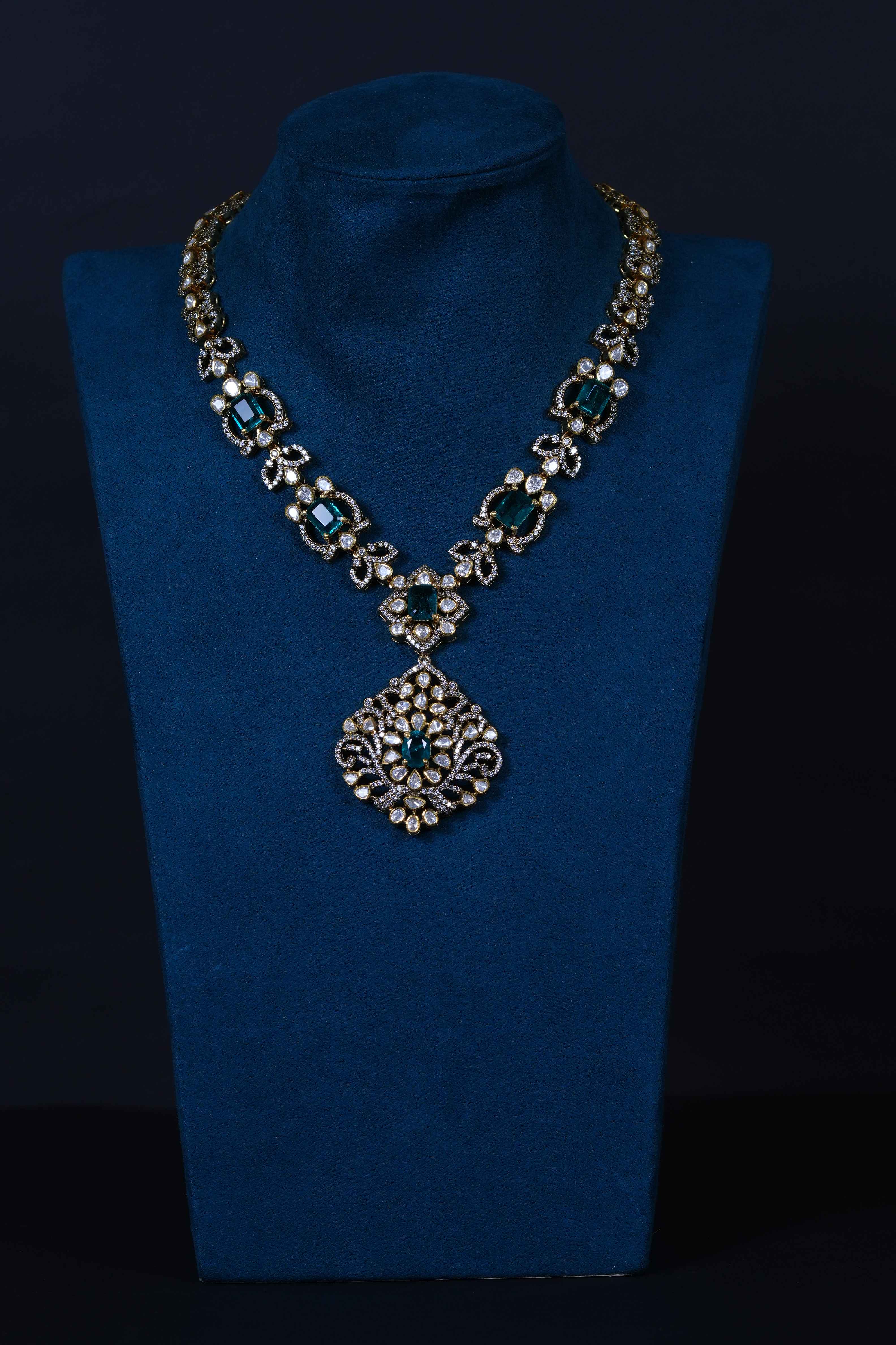 Elegant Emerald Moissanite Necklace & Earrings in 92.5 Silver