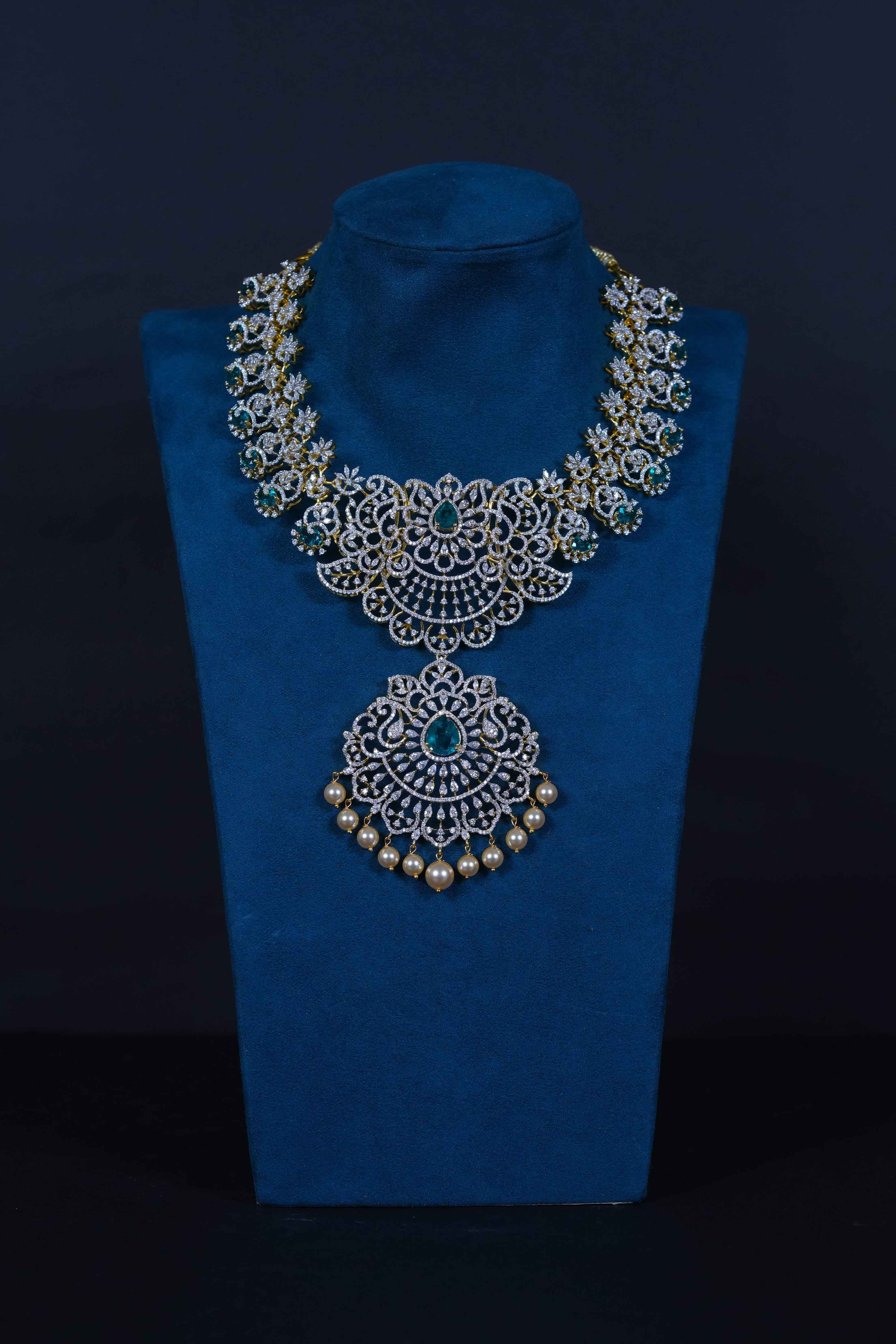 Emerald Diamond-Replica Necklace Set in 92.5 Sterling Silver