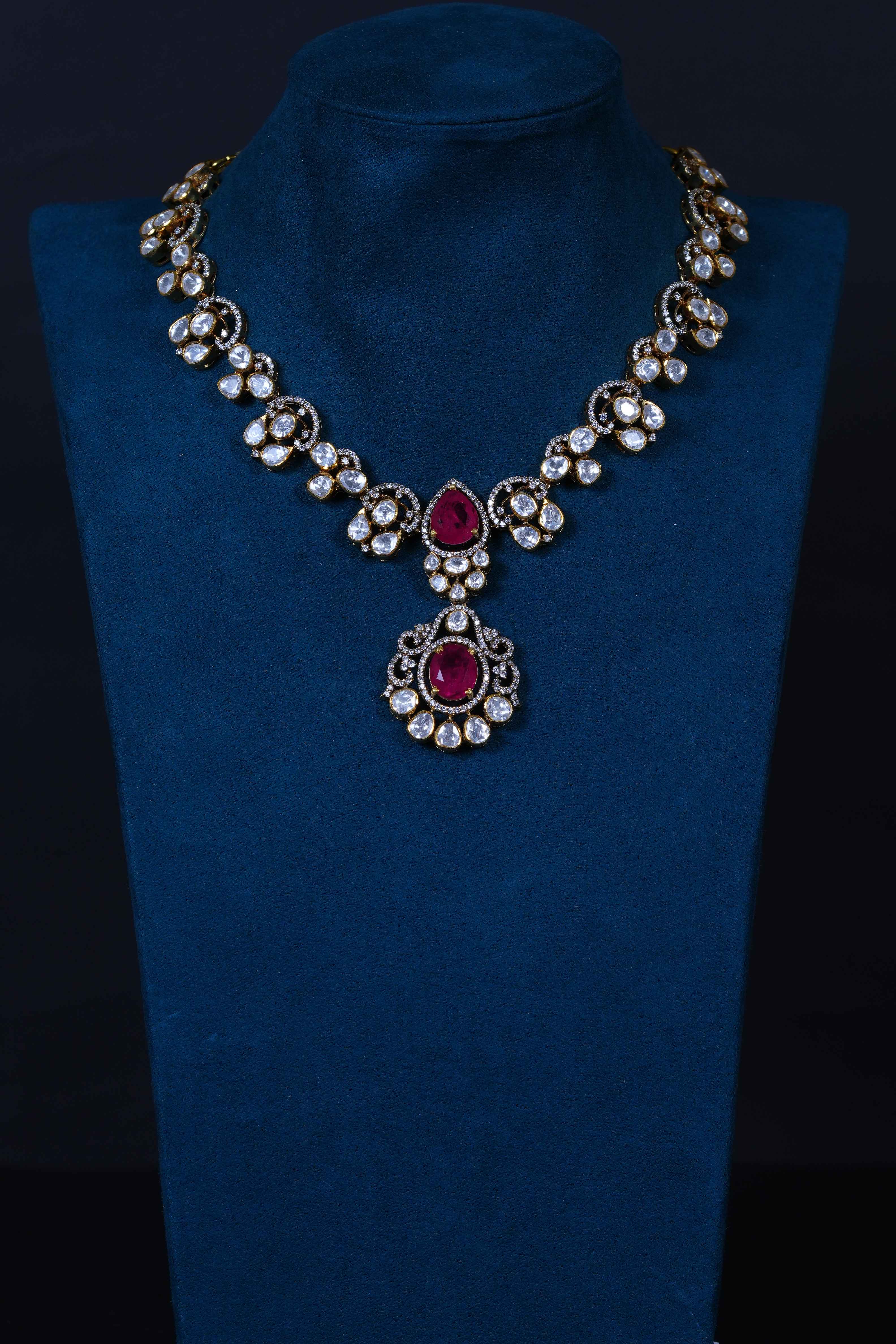 Elegant Polki Ruby Necklace with Earings in 92.5 Silver