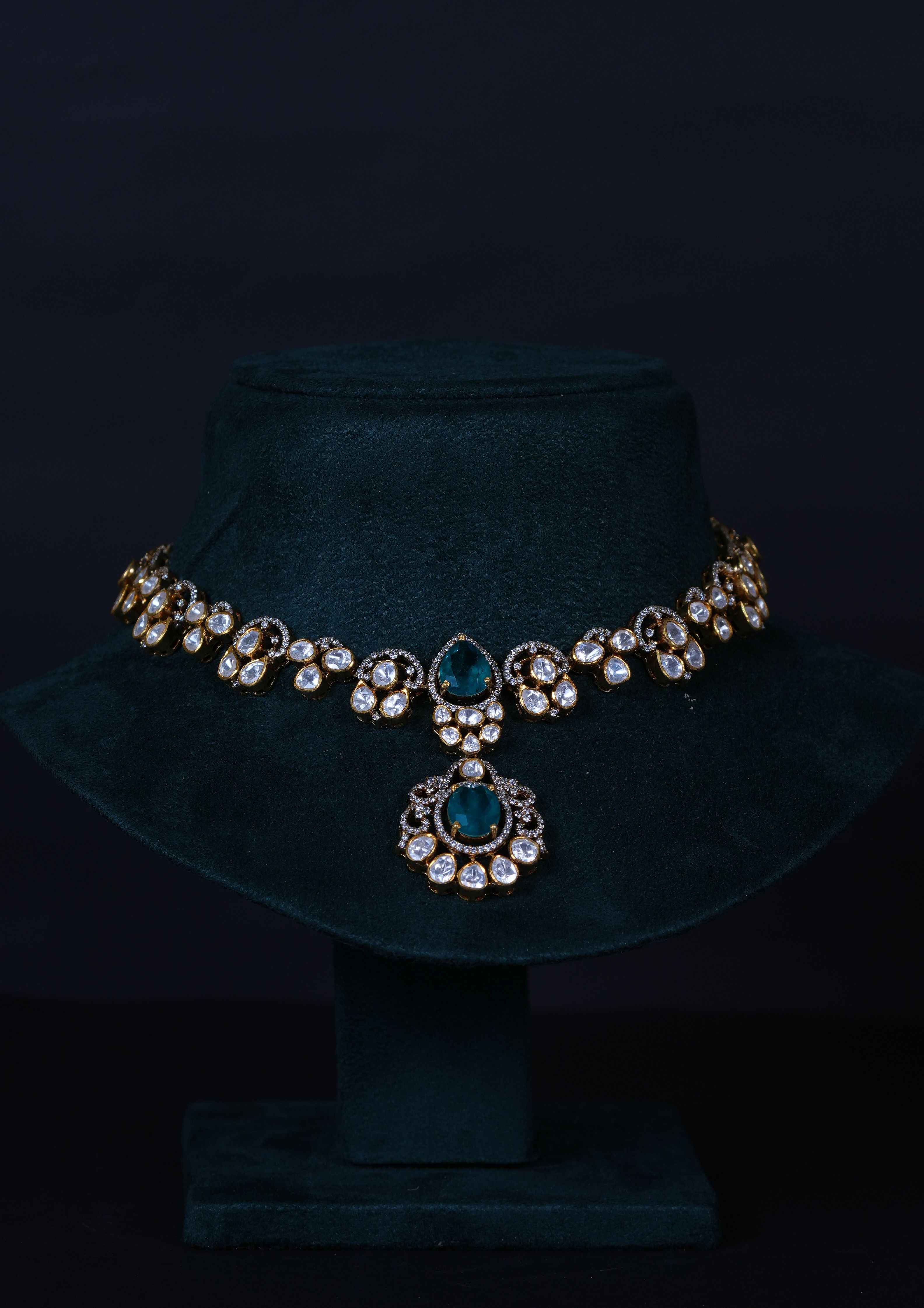 Elegant Polki Emerald Necklace with Earings in 92.5 Silver