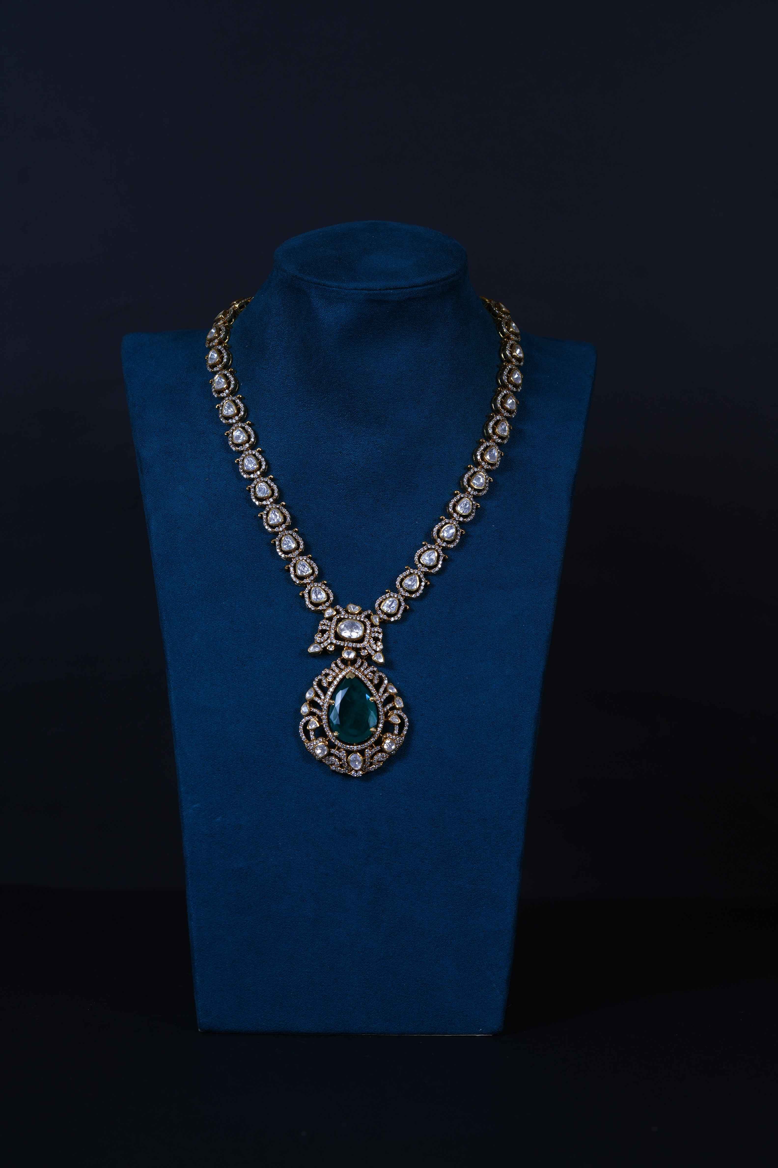 Emerald Polki Necklace with Earrings in 92.5 Silver